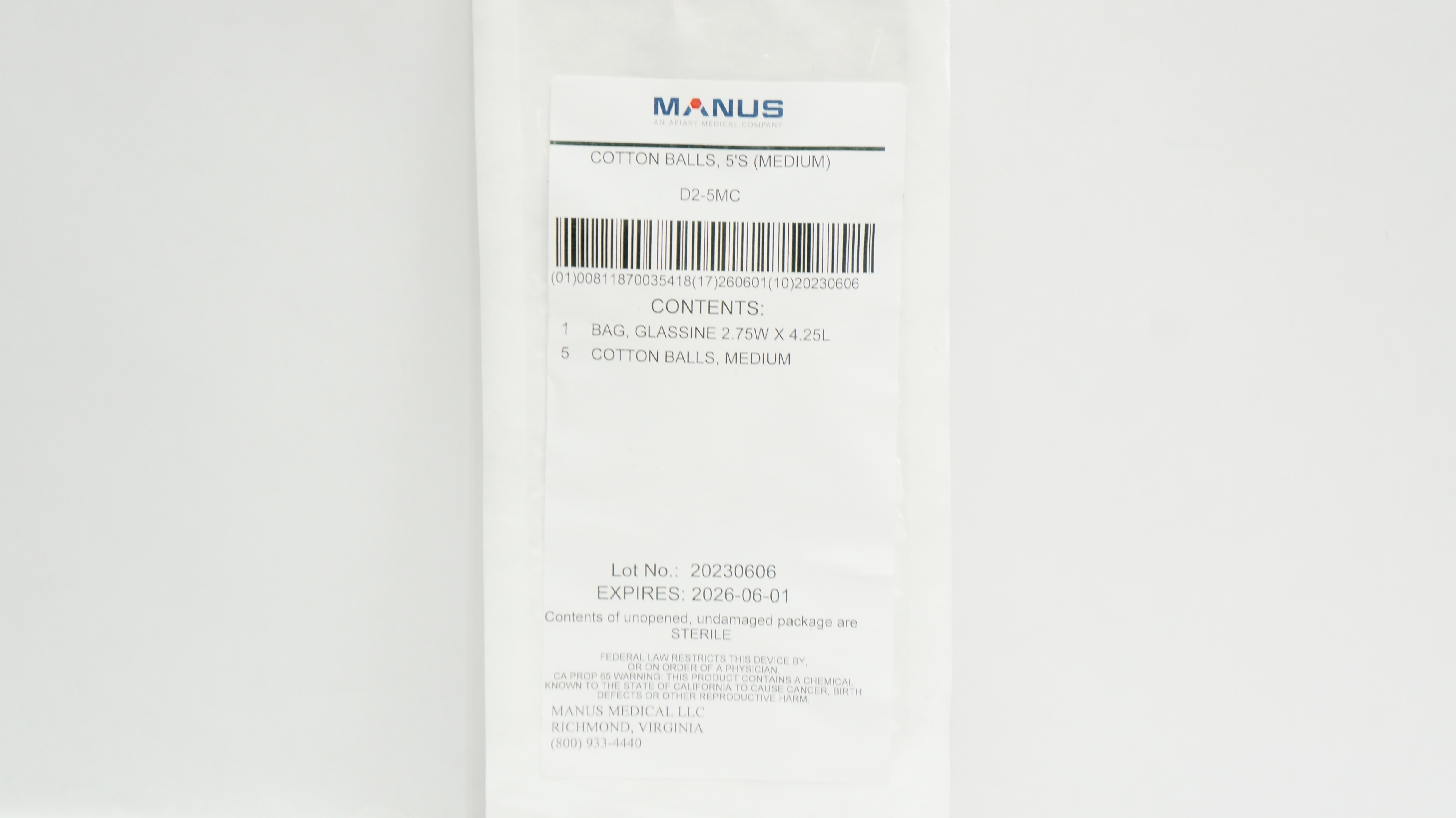 Manus Medical D2-5MC Cotton Balls, 5FS ,Medium