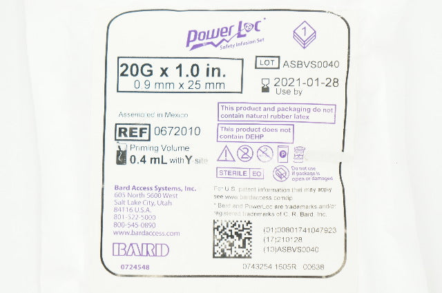 Bard 0672010 Power Loc Safety Infusion Set 20G x 1.0 in. Priming Vol. 0.4mL (x)