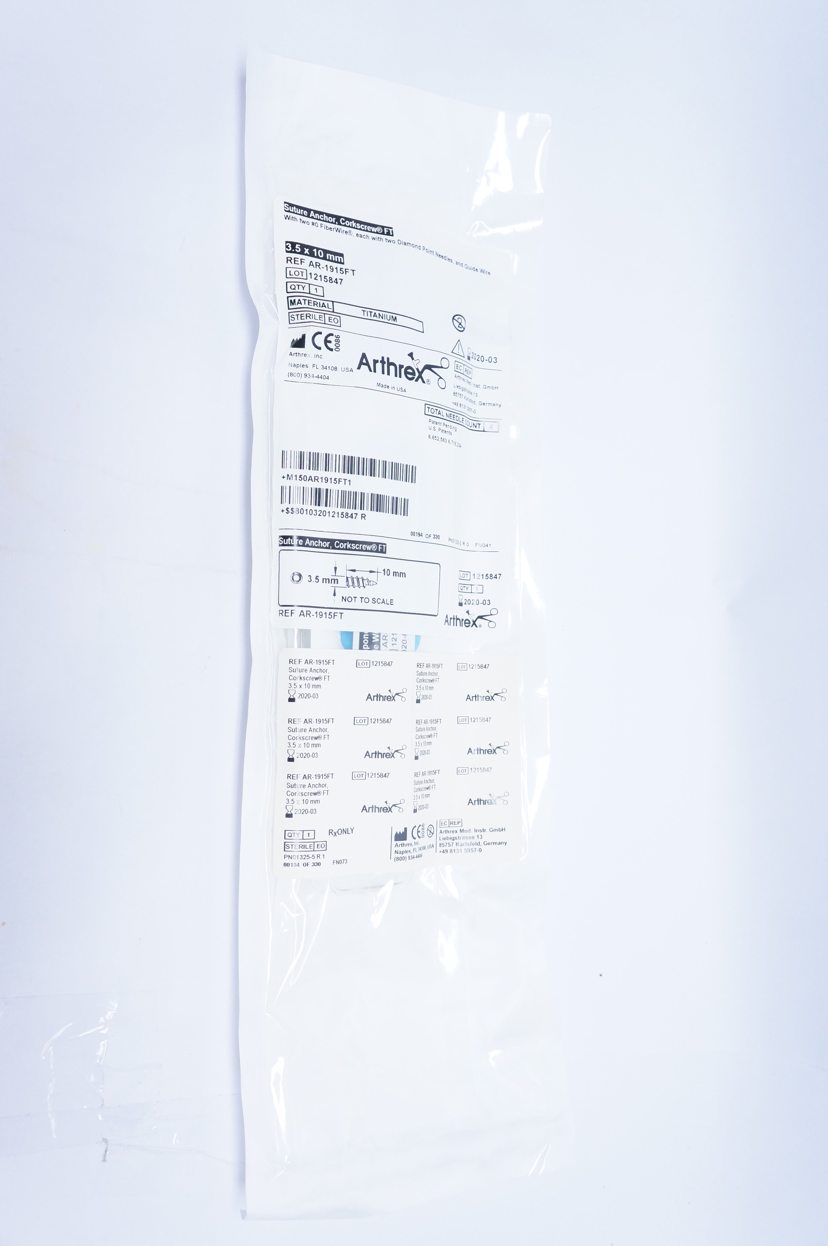 Arthrex AR-1915FT Suture Anchor,Corkscrew FT With Two #0 FiberWire 3.5 x 10mm(x)