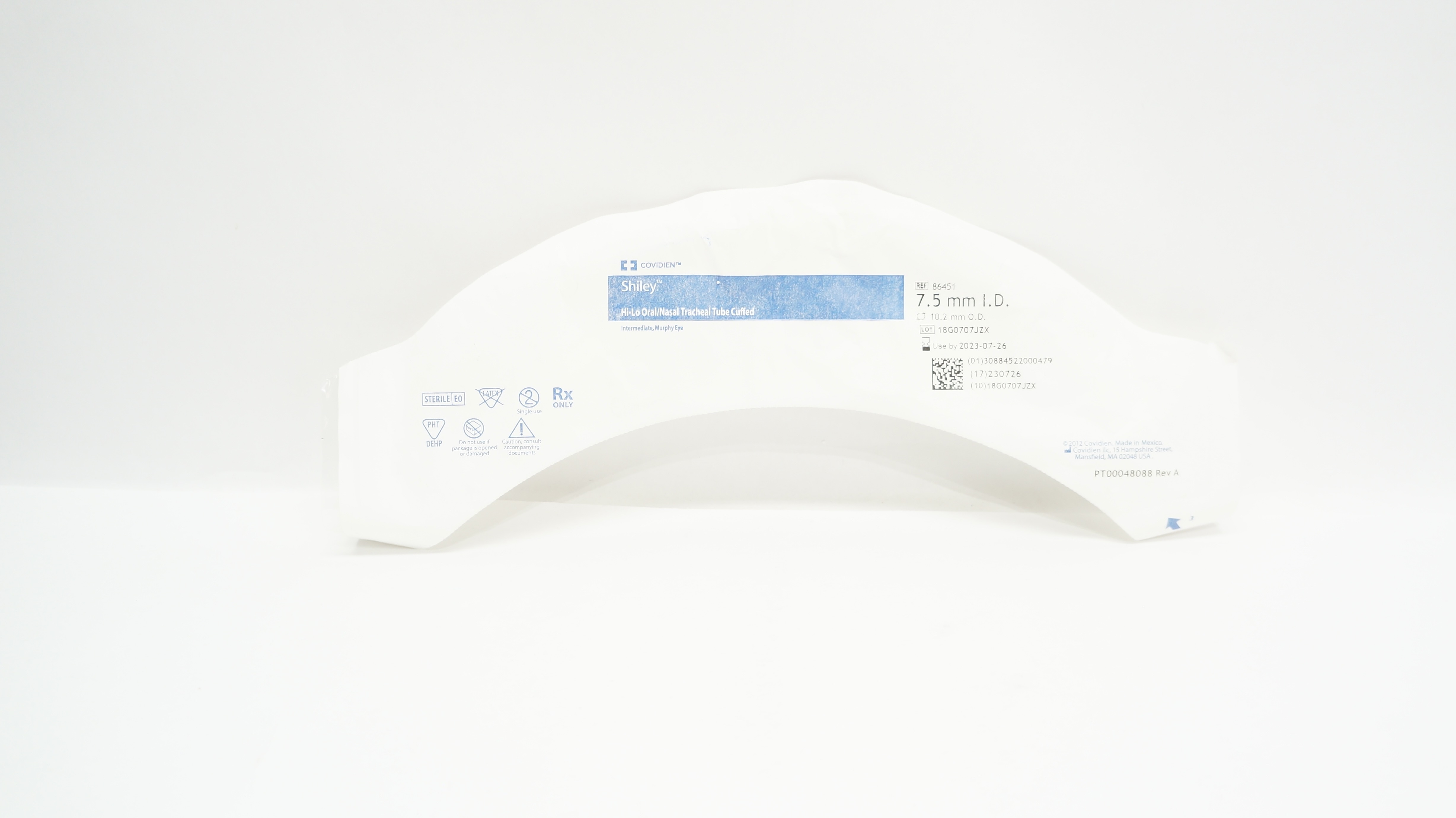 Covidien 86451 Shiley Hi-Lo Oral/Nasal Tracheal Tube Cuffed 7.5mm ID x 10.2mm OD