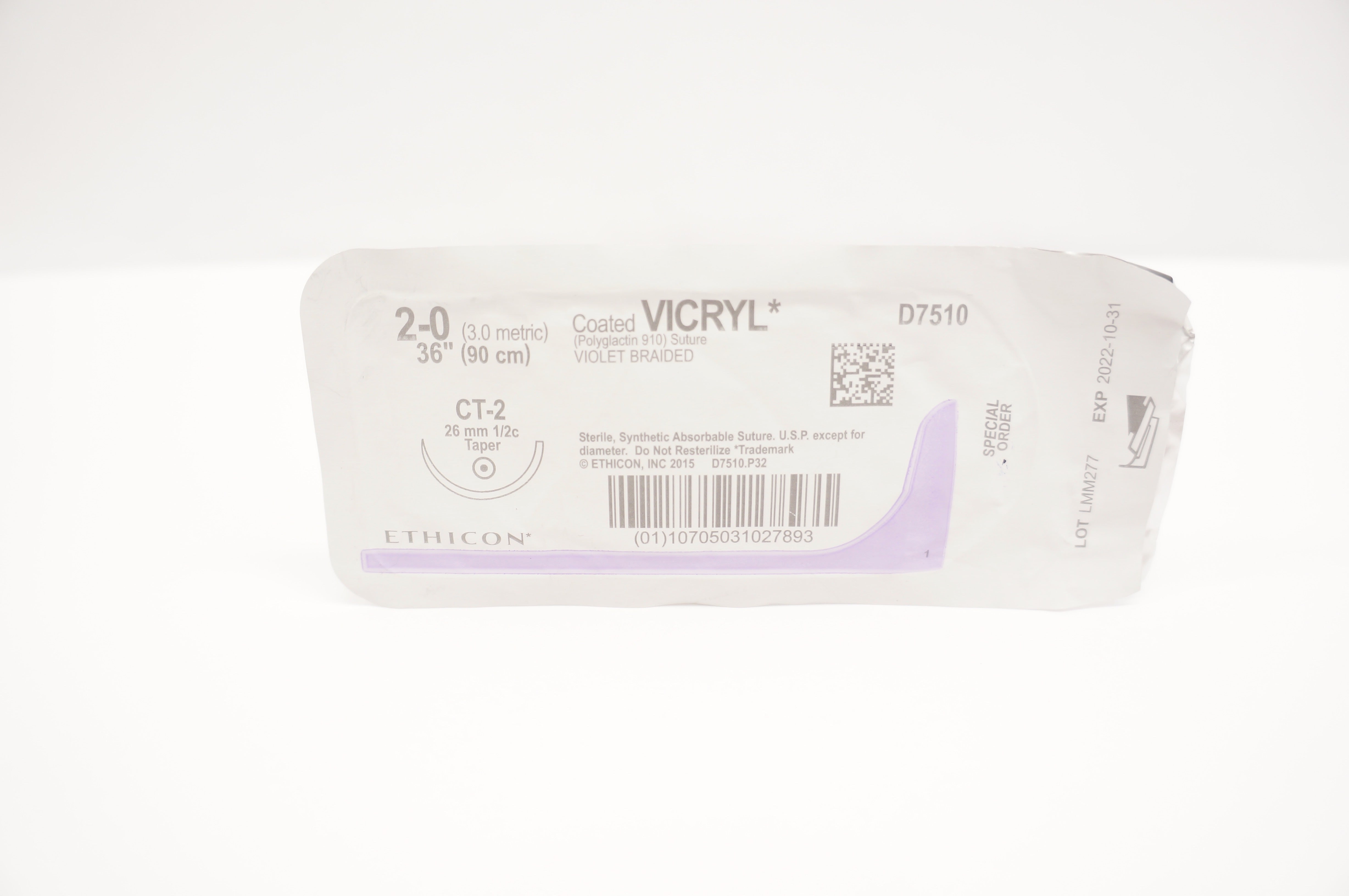 Ethicon D7510 2-0 Coated Vicryl Violet Braided CT-2 26mm 1/2c Taper 36inch (x)