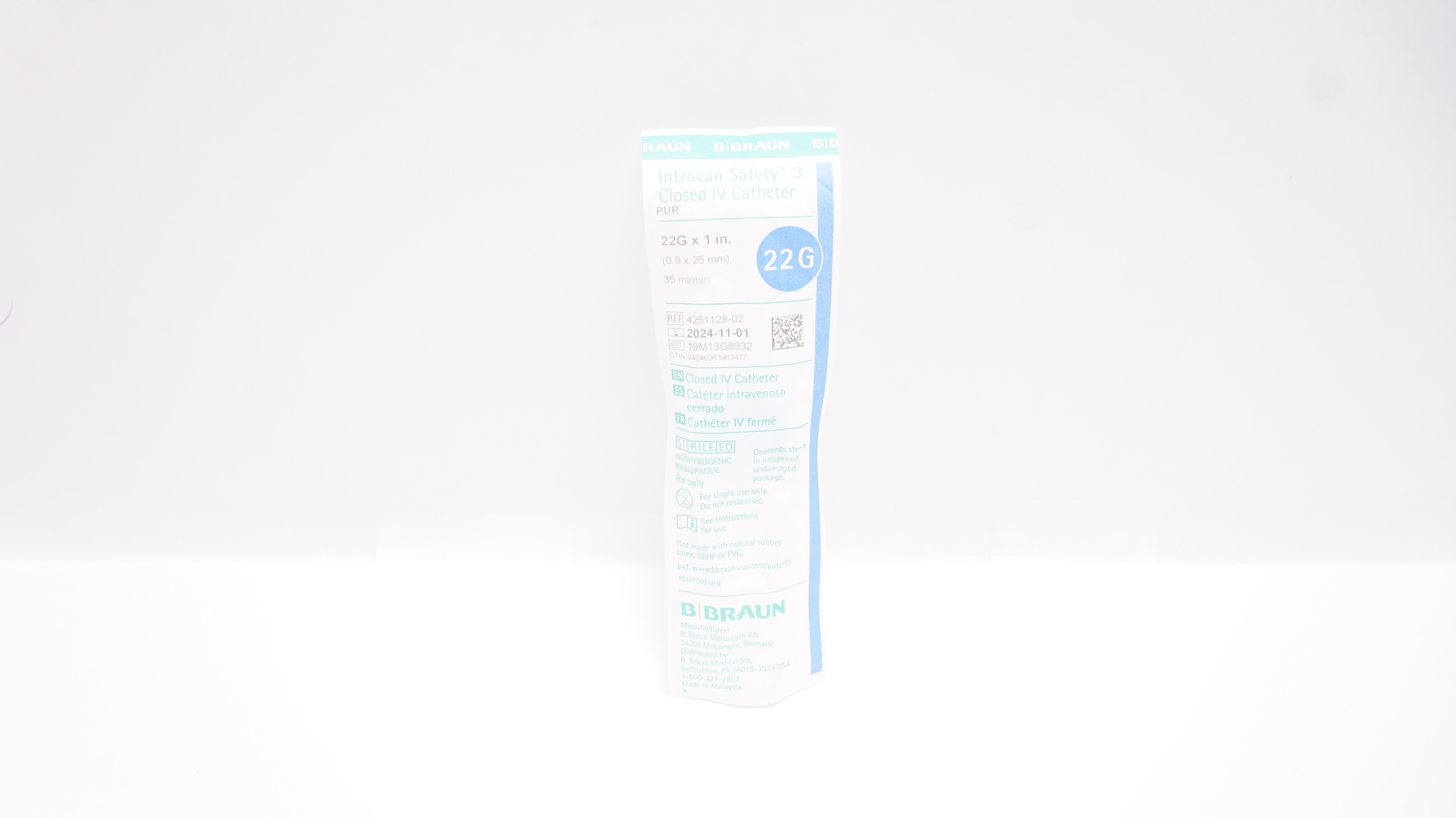 Braun 4251128-02 Introcan Safety 3, Closed IV Cath. 22G x 1inch x 35ml/min
