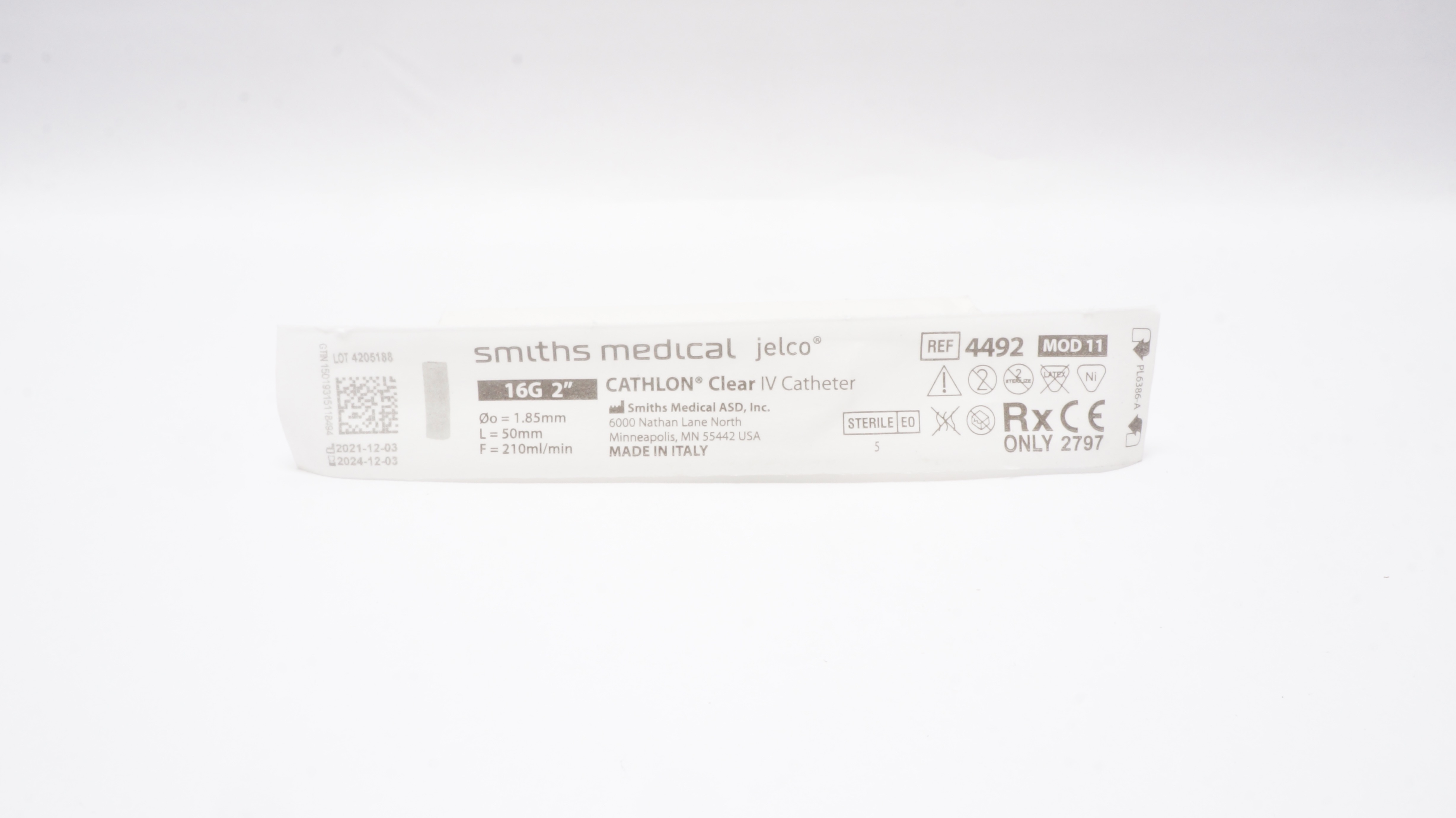 Smiths Medical 4492 Jelco Cathlon Clear I.V. Cath. 16G x 2inch