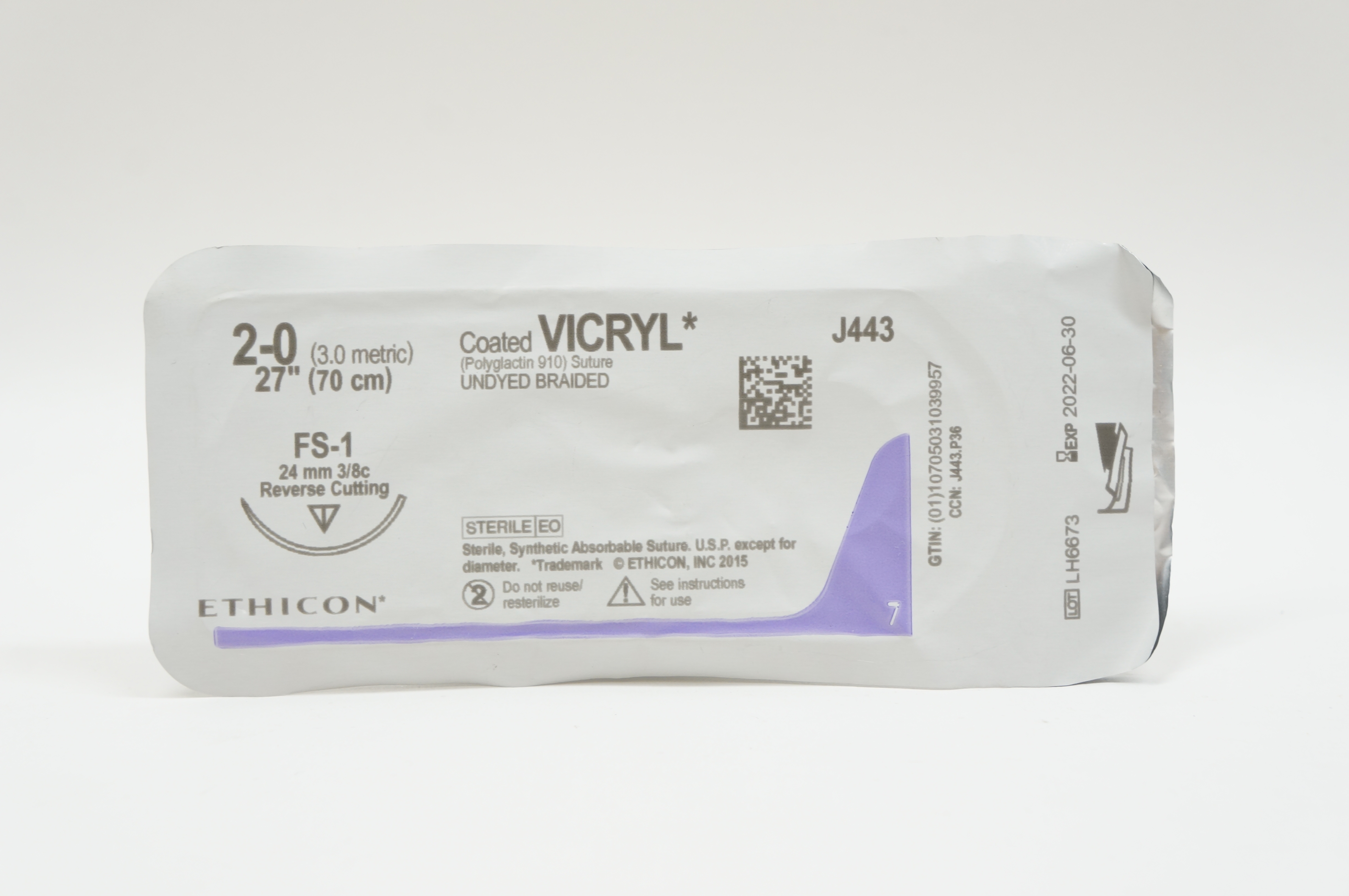Ethicon J443 2-0 VICRYL, FS-1, 24mm 3/8c Reverse Cutting, 27inch