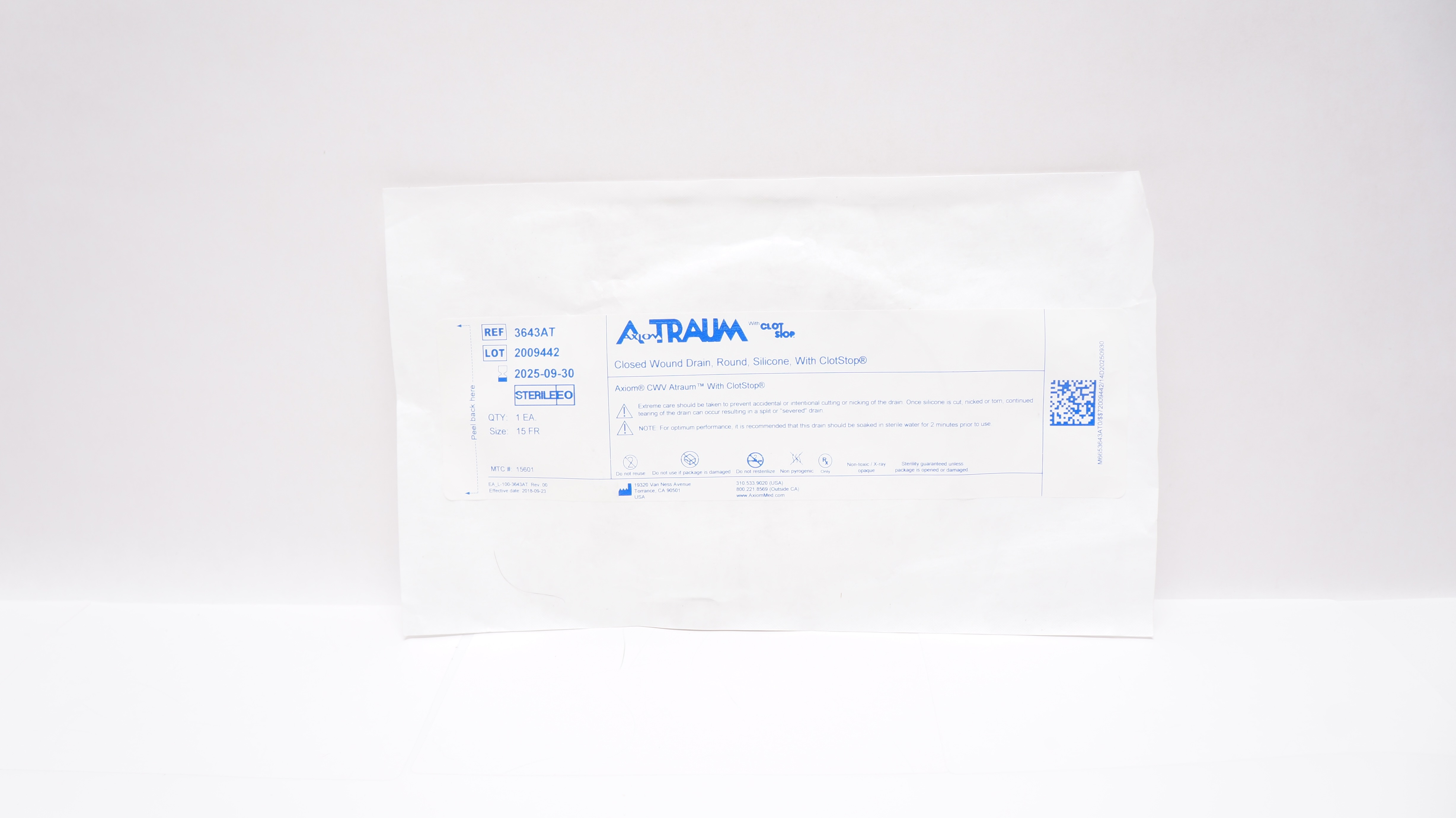 Axiom Medical 3643AT Traum CWV Drain Closed Wound Drain, Round w/ClotStop 15Fr