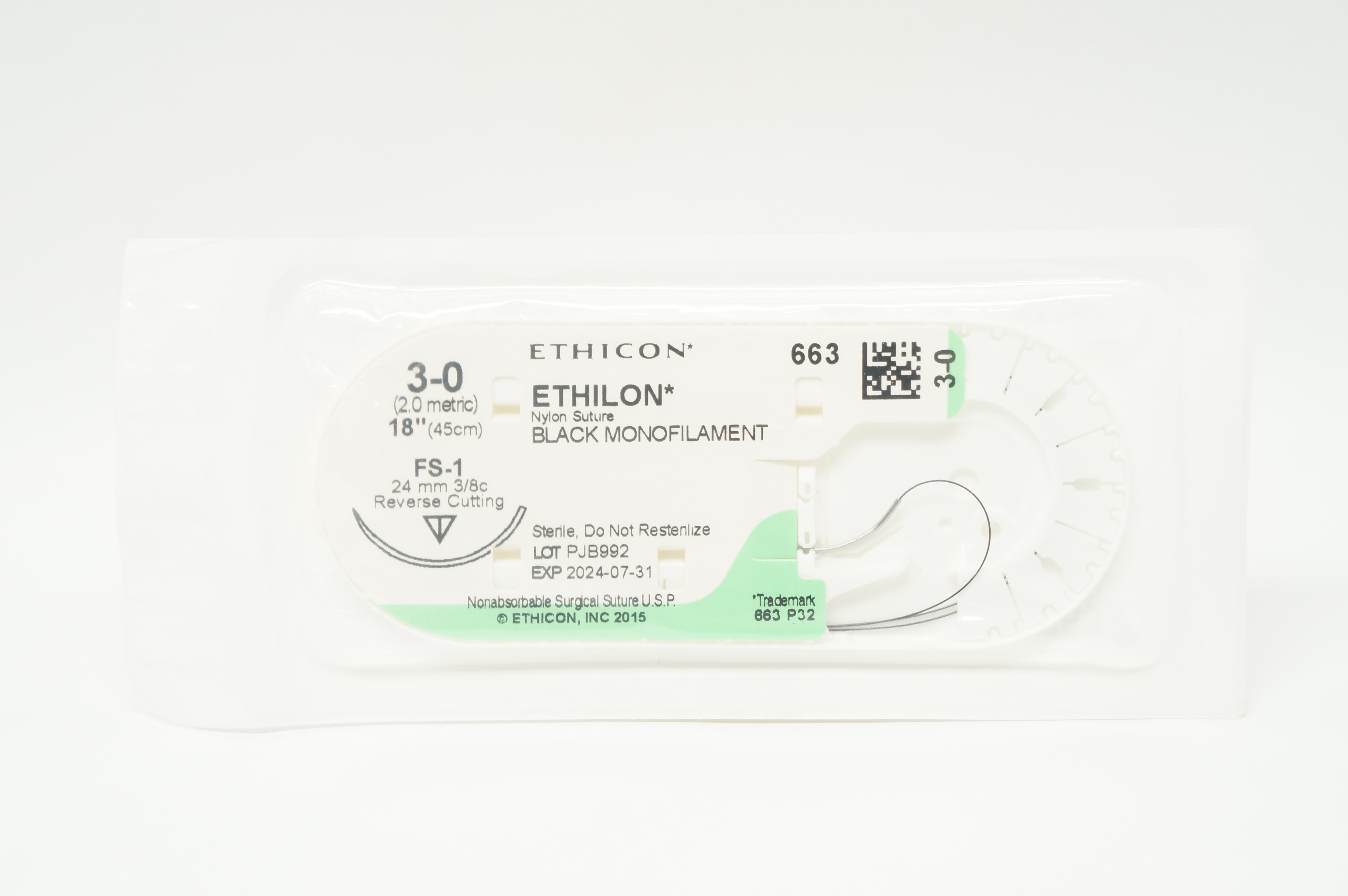 Ethicon 663 3-0 Ethilon Nylon Stre FS-1 24mm 3/8c Reverse Cutting, 18 inch