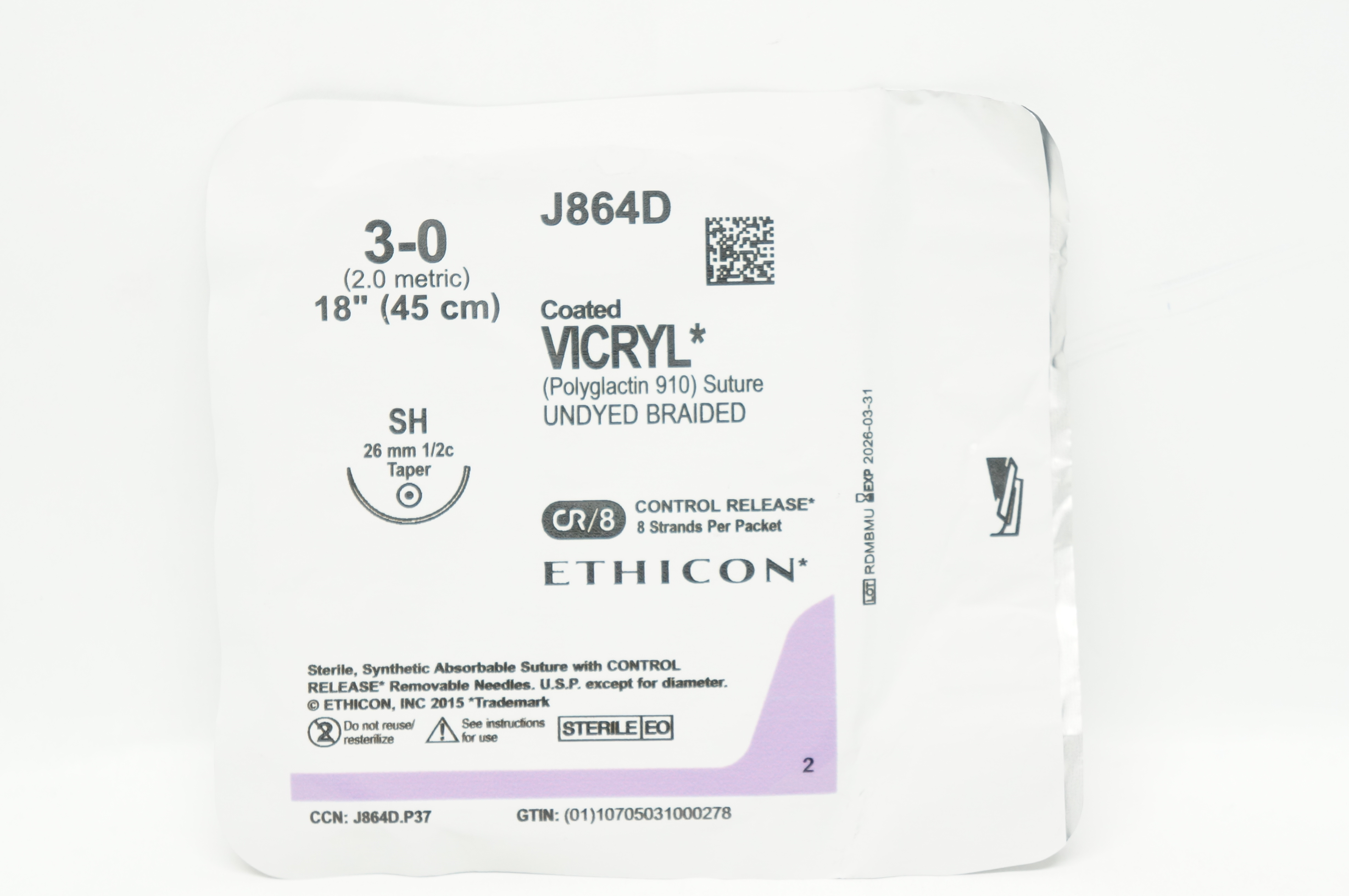 Ethicon J864D 3-0 Coated VICRYL Stre SH 26mm 1/2c Taper 18inch