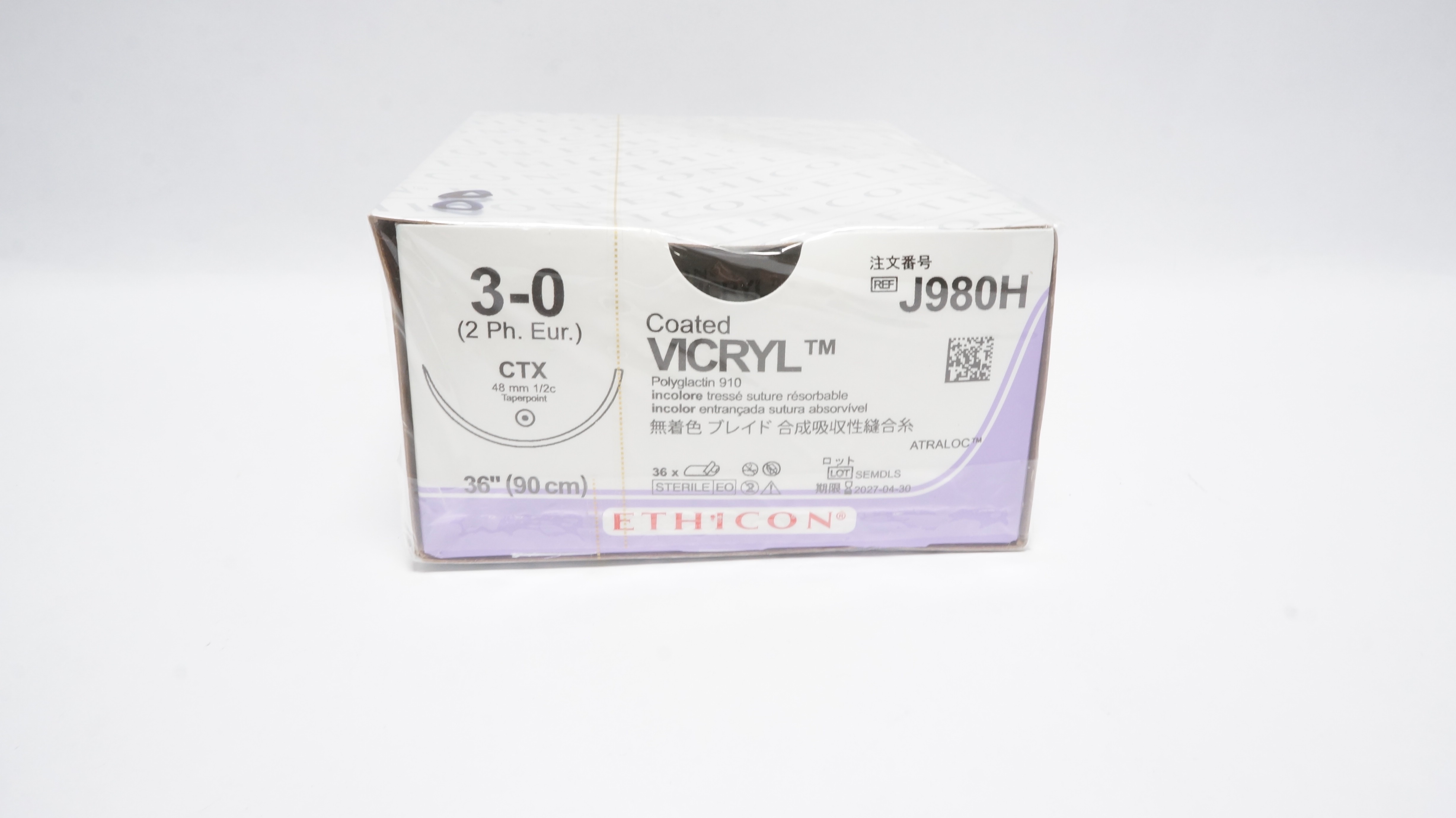 Ethicon J980H 3-0 Coated Vicryl Polyglactin910 CTX 48mm 1/2c Taperpoint-Box of36