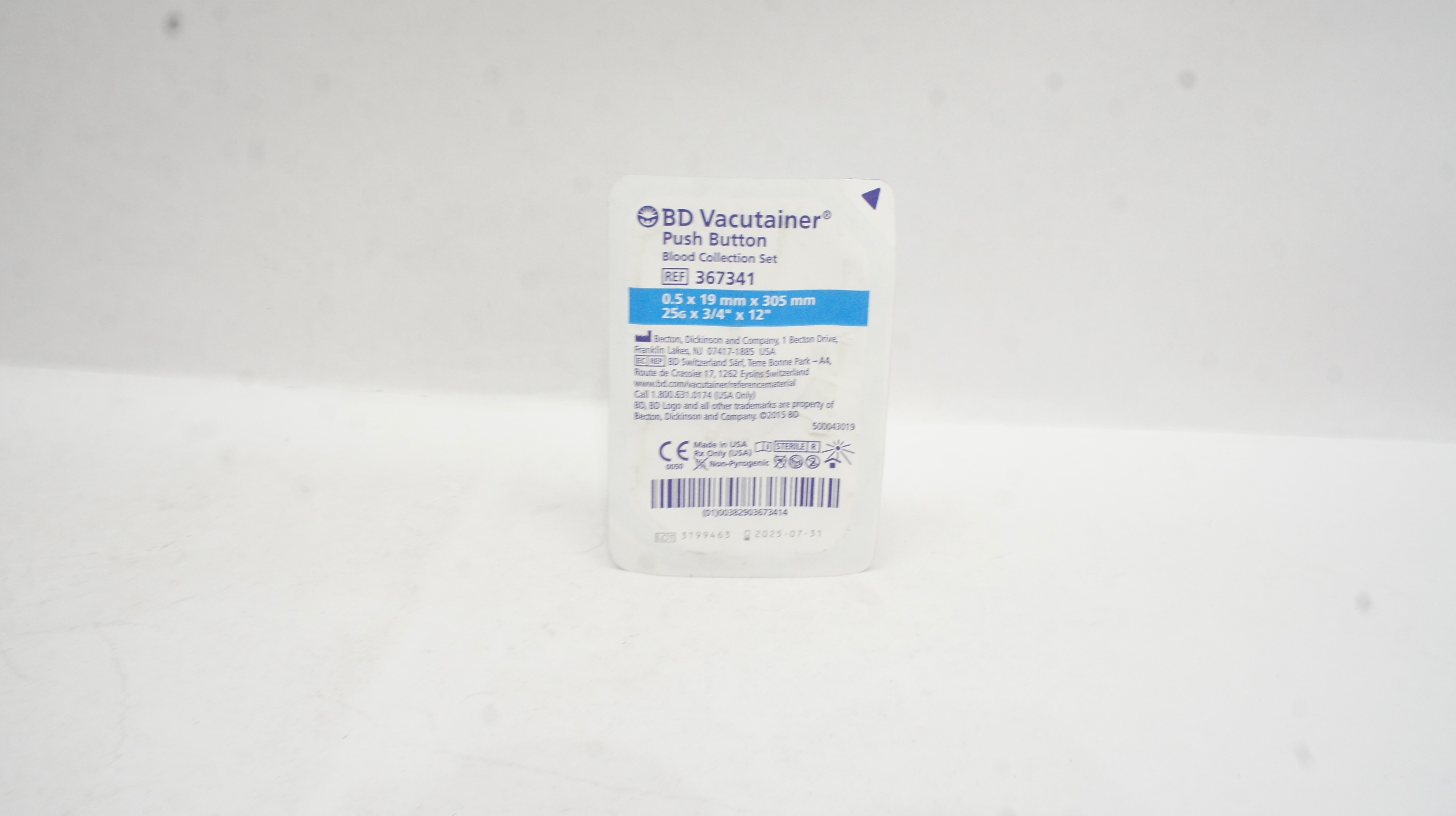BD 367341 Vacutainer Push Button Blood Collection Set 25G x 3/4 x 12 inch
