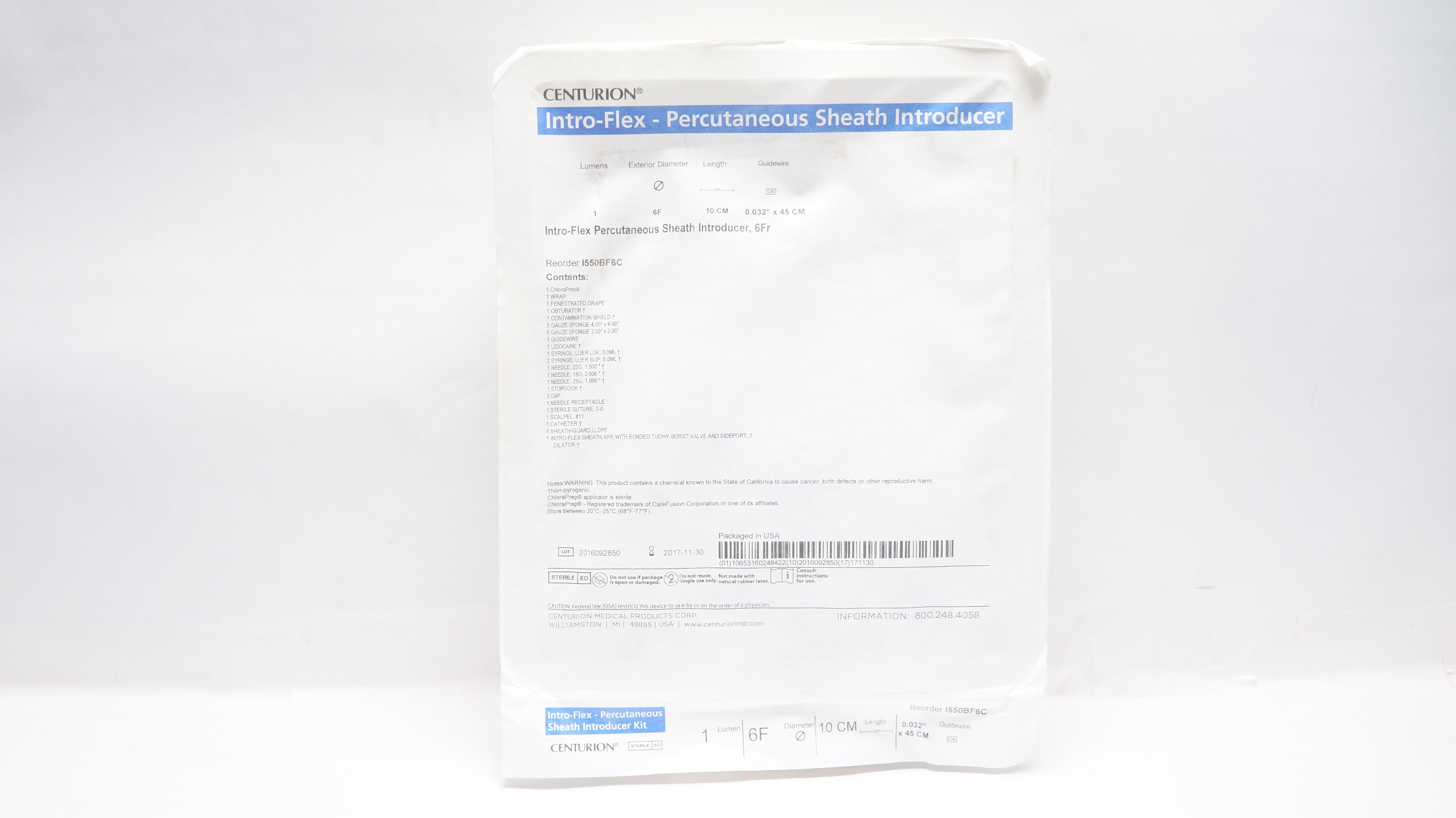 Centurion I550BF6C Intro-Flex Percutaneous Sheath Introducer 6F x 10cm (x)