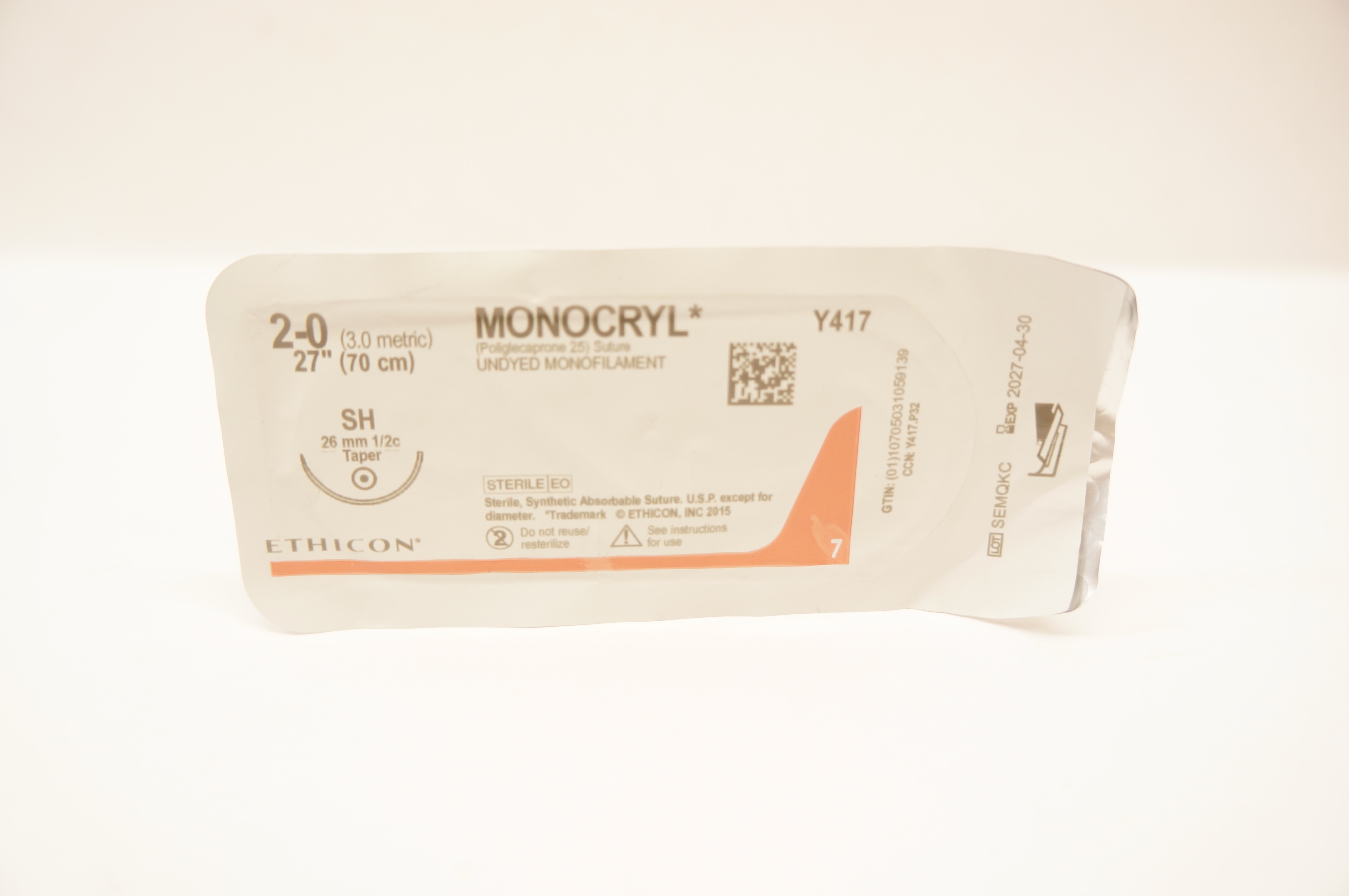 Ethicon Y417 2-0 Monocryl Poliglecaprone 25 Stre SH 26mm 1/2c Taper 27 inch