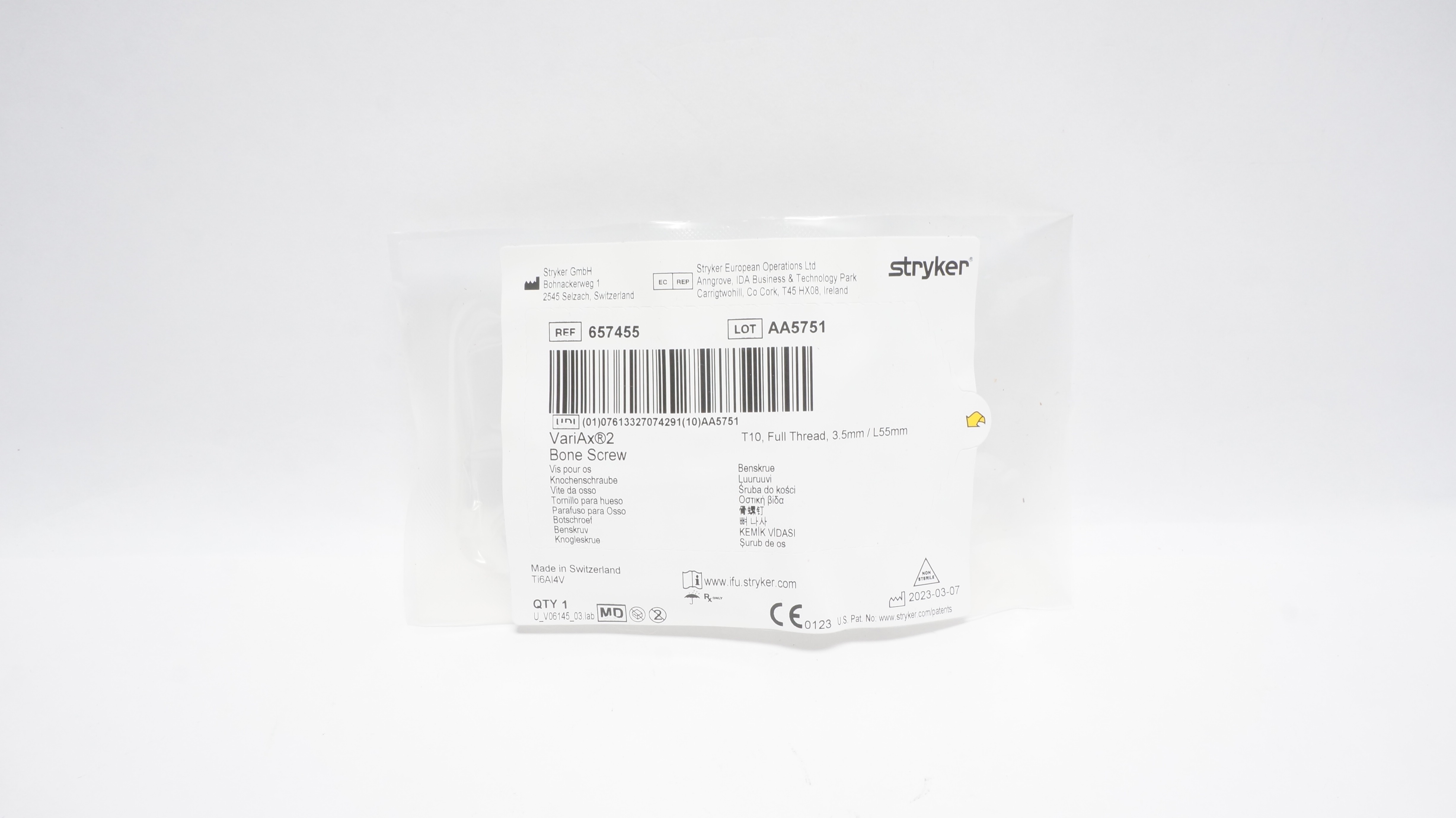 Stryker 657455 VariAx2 Bone Screw T10,Full Threaded, 3.5mm/L55mm