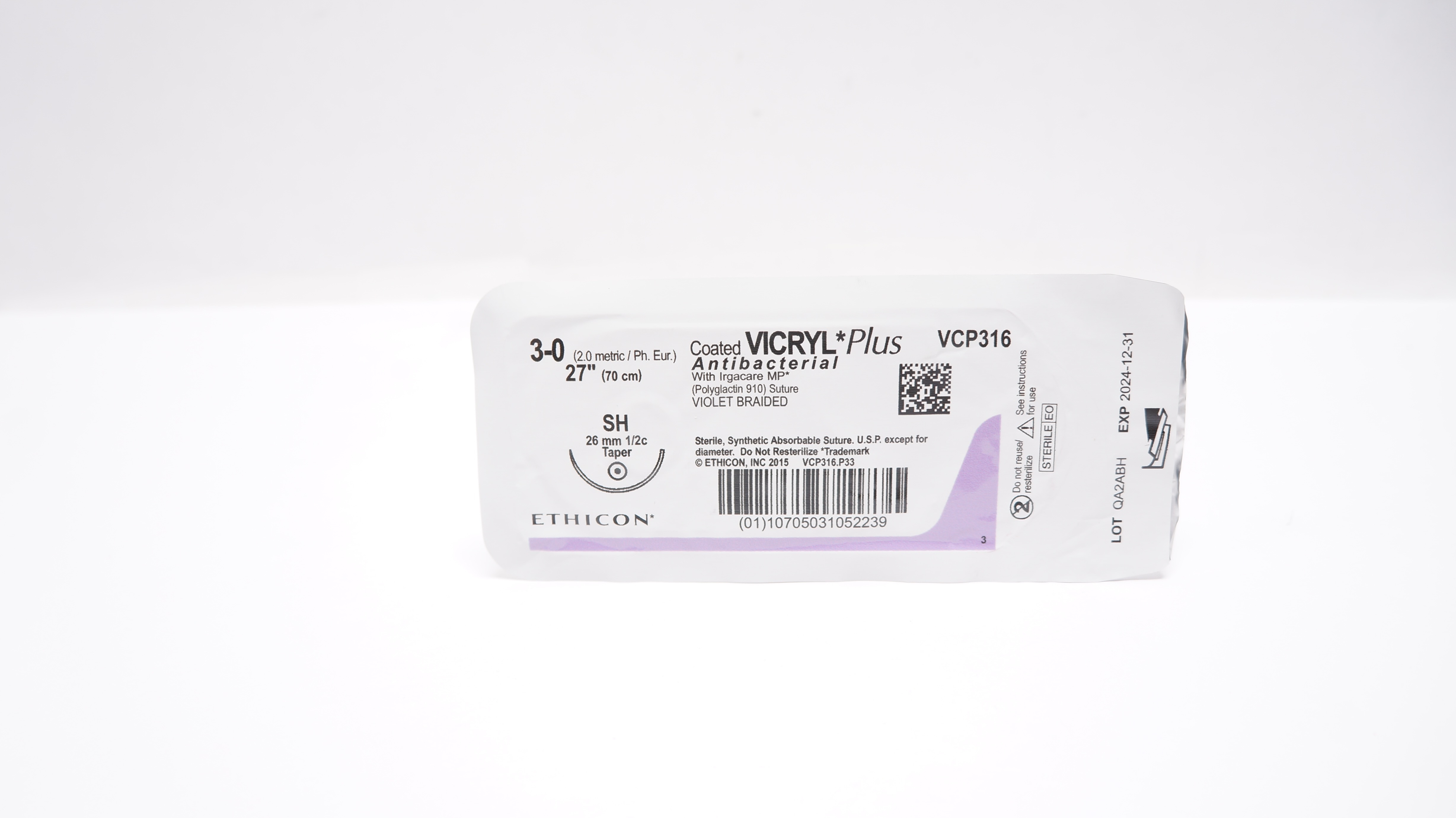 Ethicon VCP316 3-0 VICRYL Plus Violet Braided Stre SH 26mm 1/2c Taper, 27inch