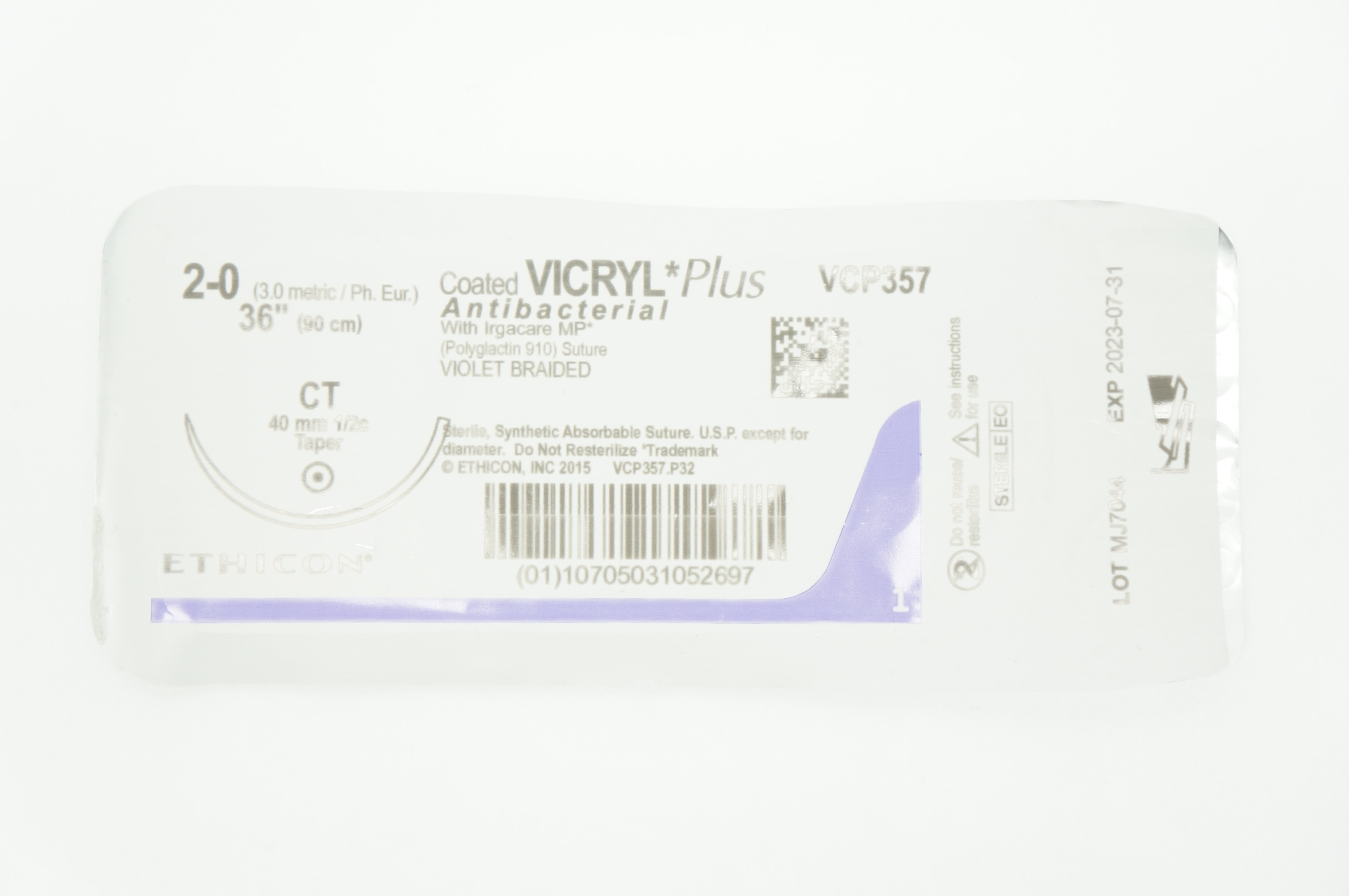 Ethicon VCP357 2-0 VICRYL Plus CT 40mm 1/2c Taper 36inch (x)