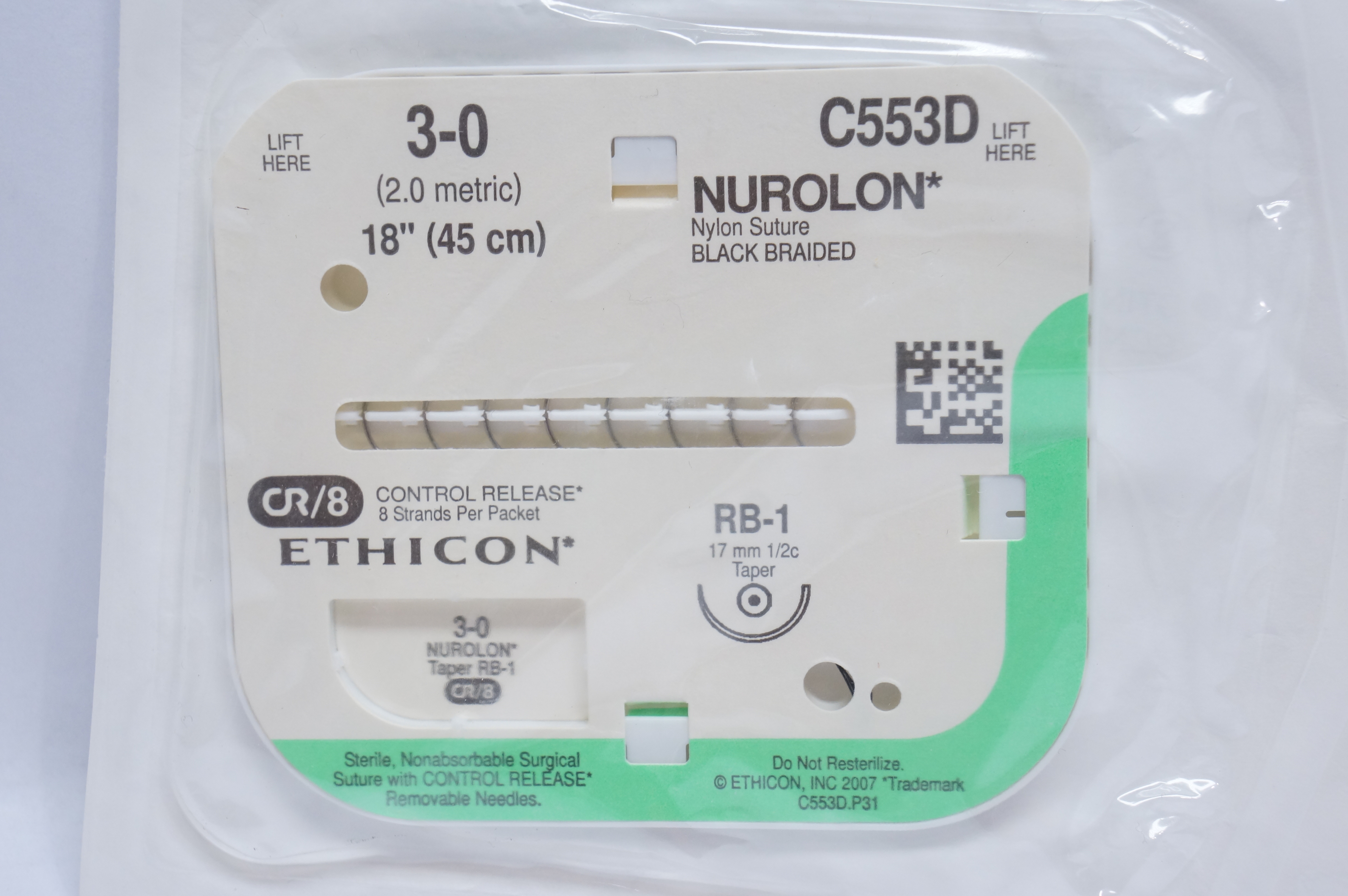Ethicon C553D 3-0 NUROLON, RB-1, 17mm 1/2c Taper, 18inch