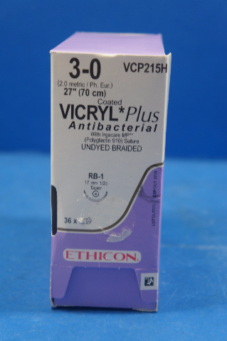 Ethicon VCP215H 3-0 VICRYL Plus, RB-1 17mm 1/2c Taper, 27 Box of 36 (x)