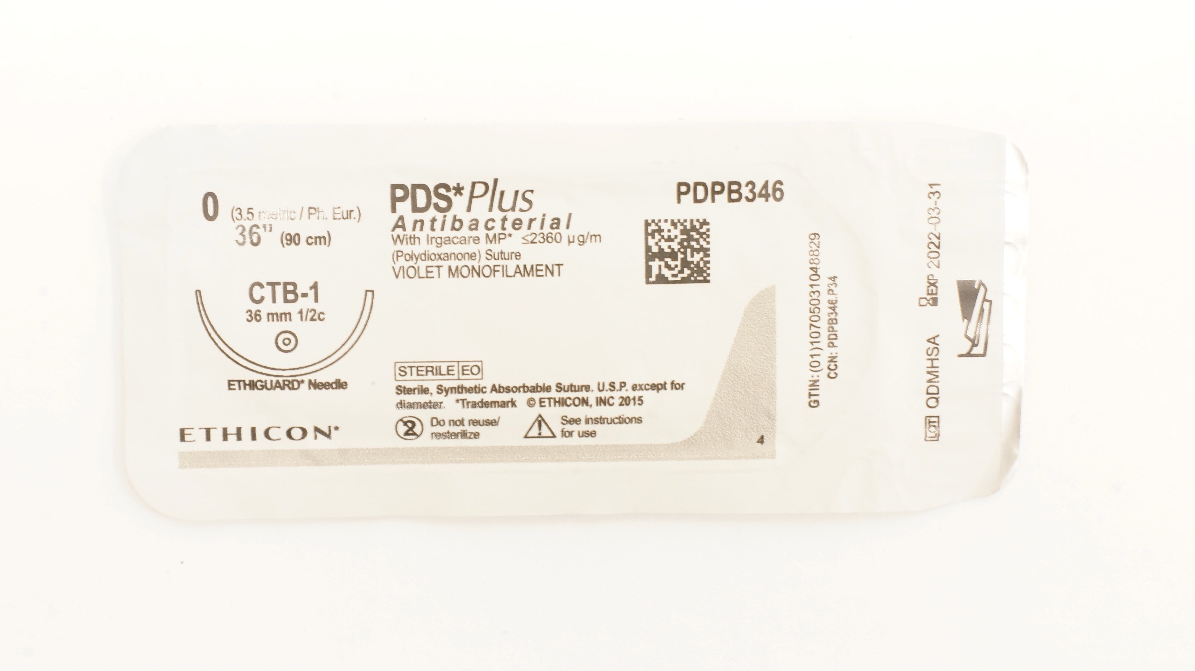 Ethicon PDPB346 0 PDS Plus Antibacterial Sterile Stre CTB-1 36mm 1/2c, 36 inch