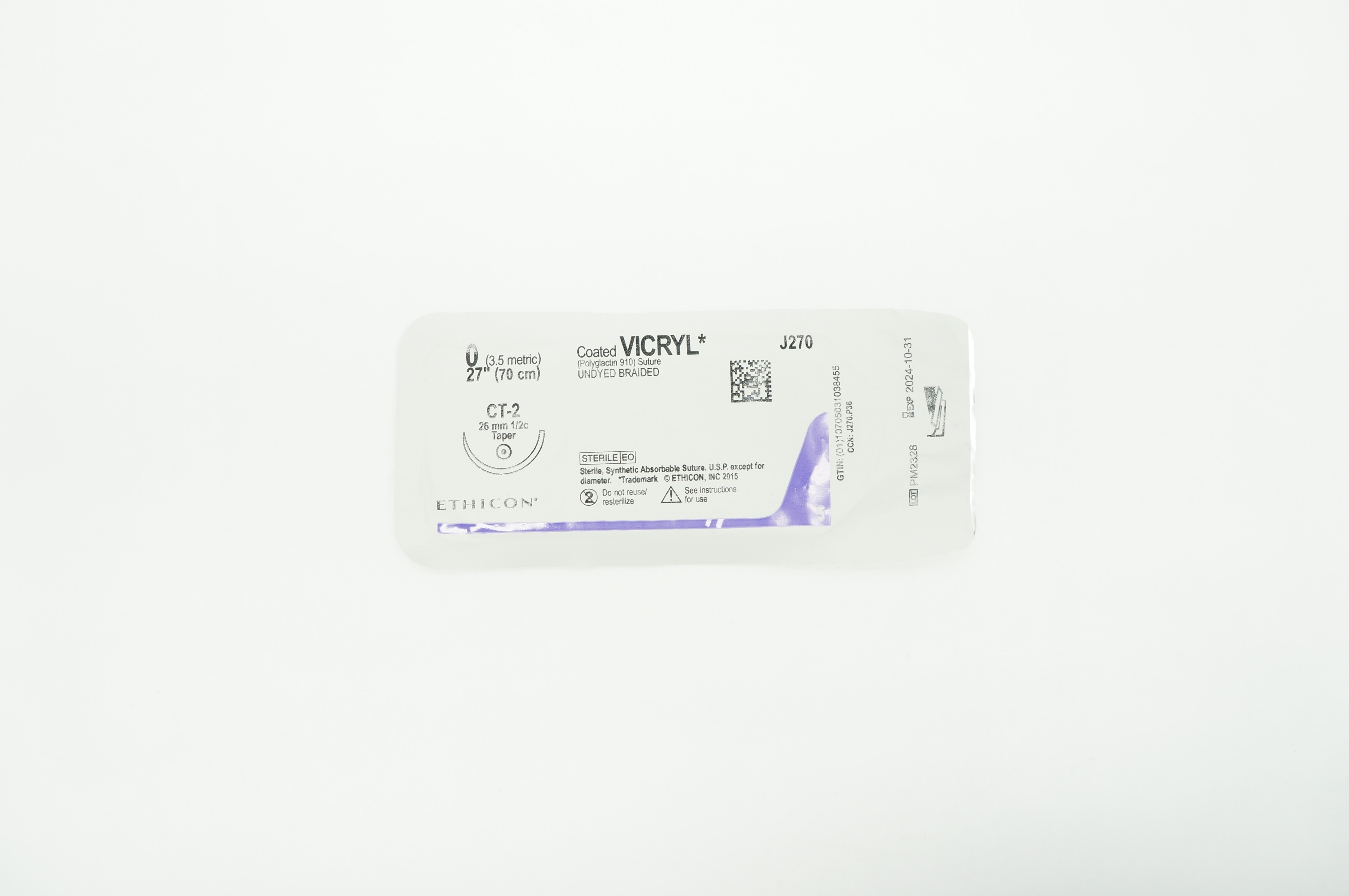 Ethicon J270 0 VICRYL, CT-2 26mm 1/2c Taper 27inch