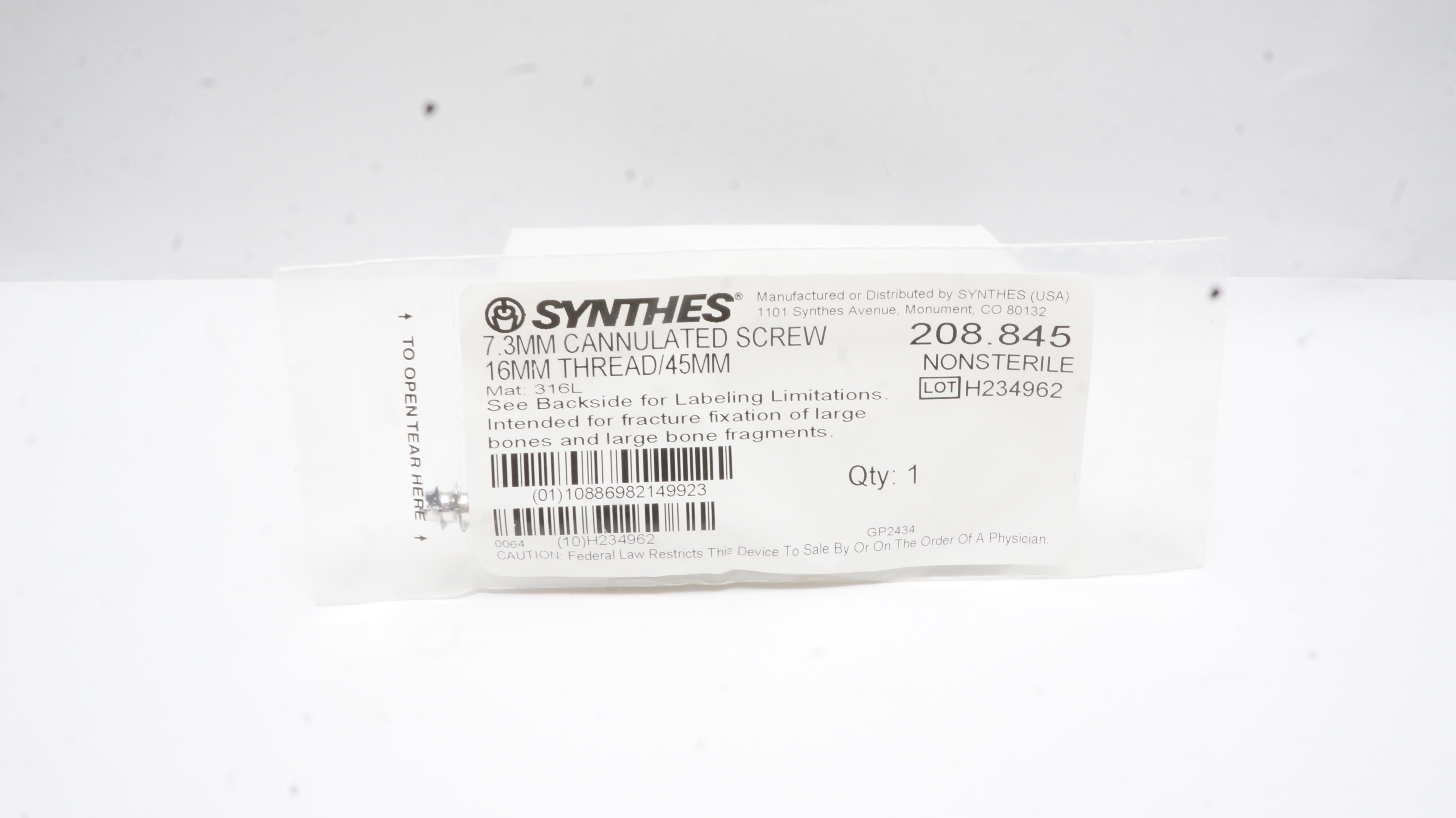 Synthes 208.845 7.3mm Cannulated Screw 16mm Thread/45mm