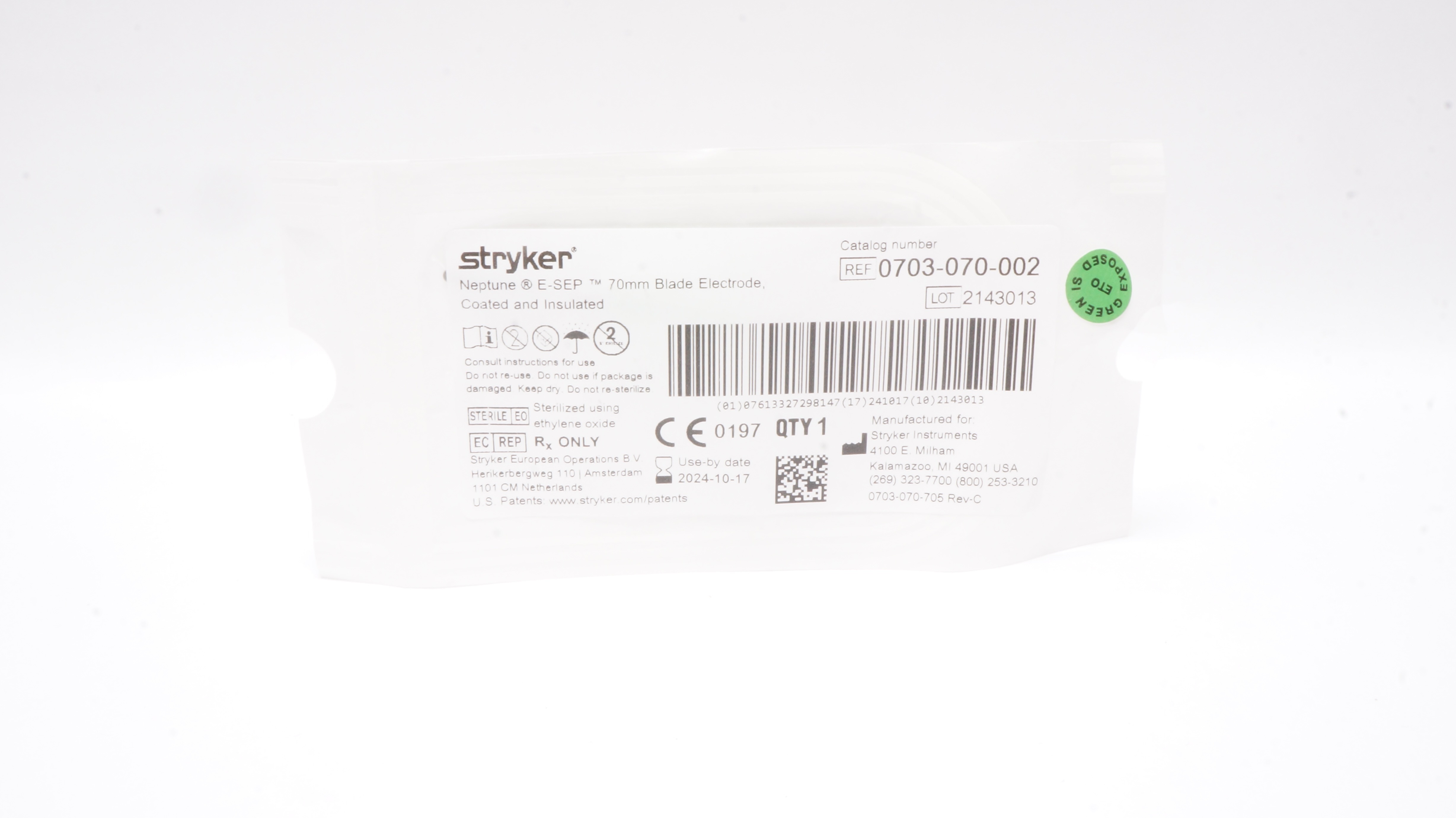 Stryker 0703-070-002 Neptune E-SEP Blade Electrode Coated & Insulated 70mm
