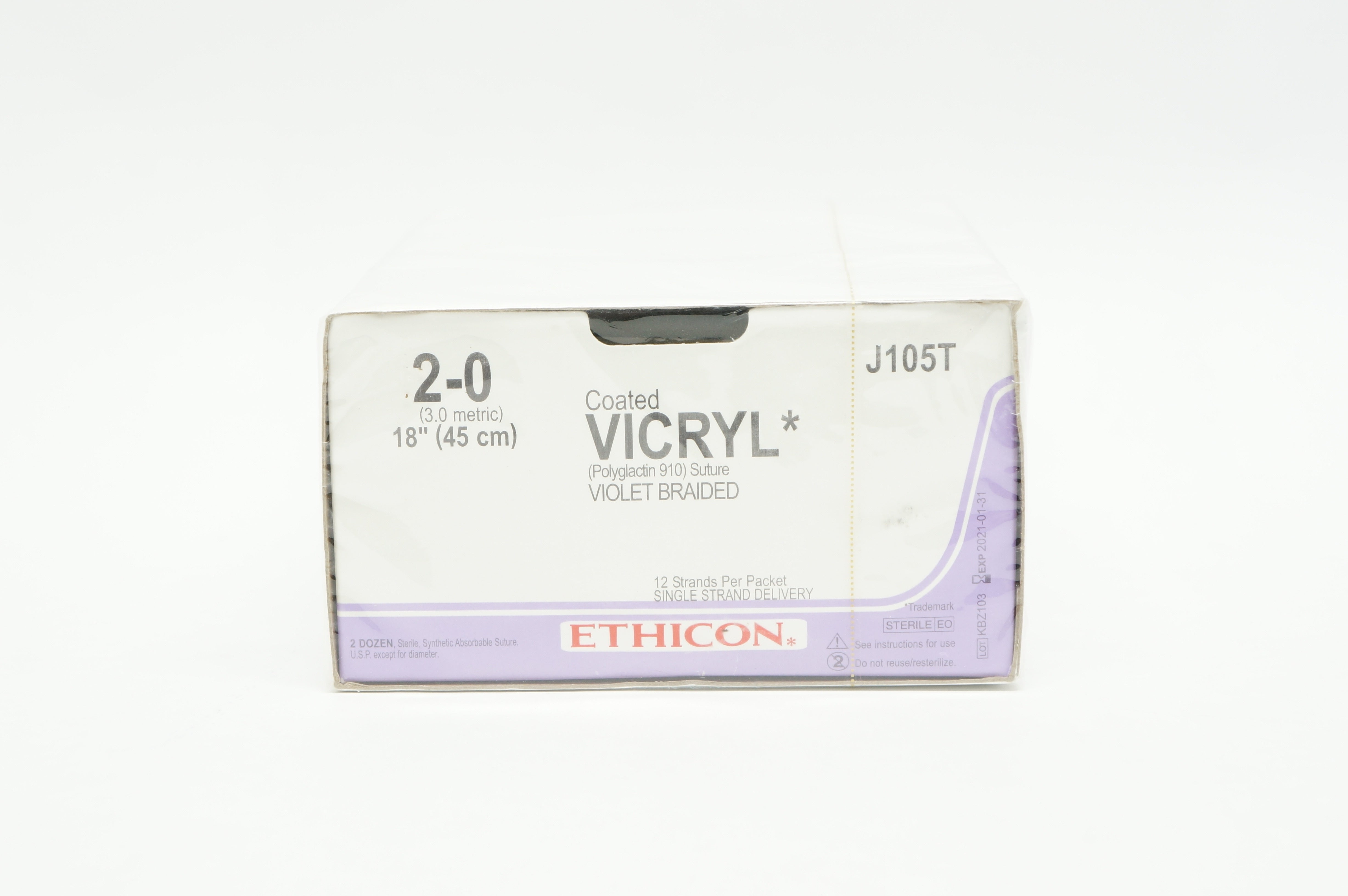 Ethicon J105T 2-0 Vicryl Absorbable Braided Polyglactin, 18inch - Box of 24
