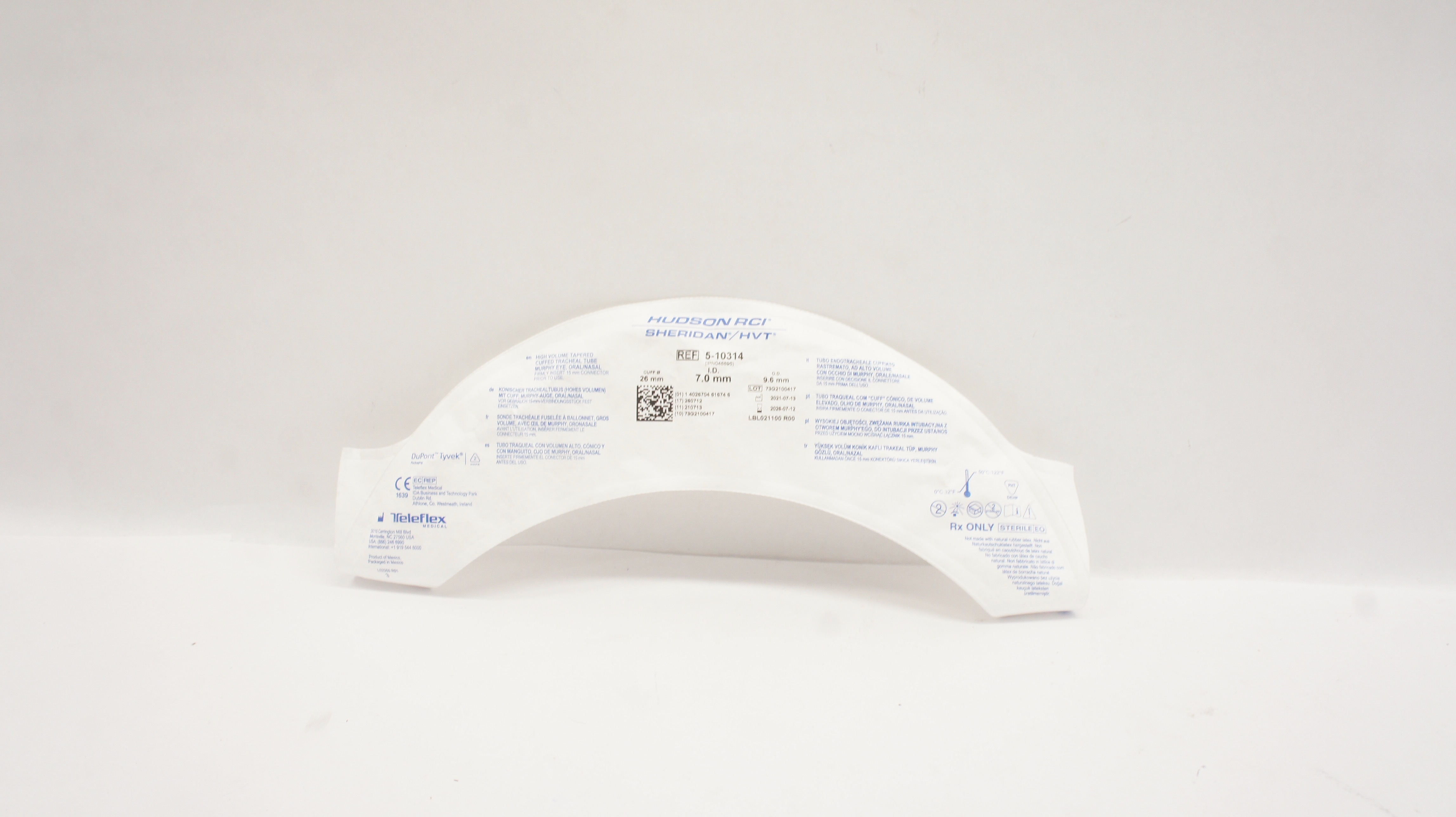 Teleflex 5-10314 Hudson RCI Sheridan HVT Cuffed Tracheal Tube 7.0 x 9.6 x 26mm