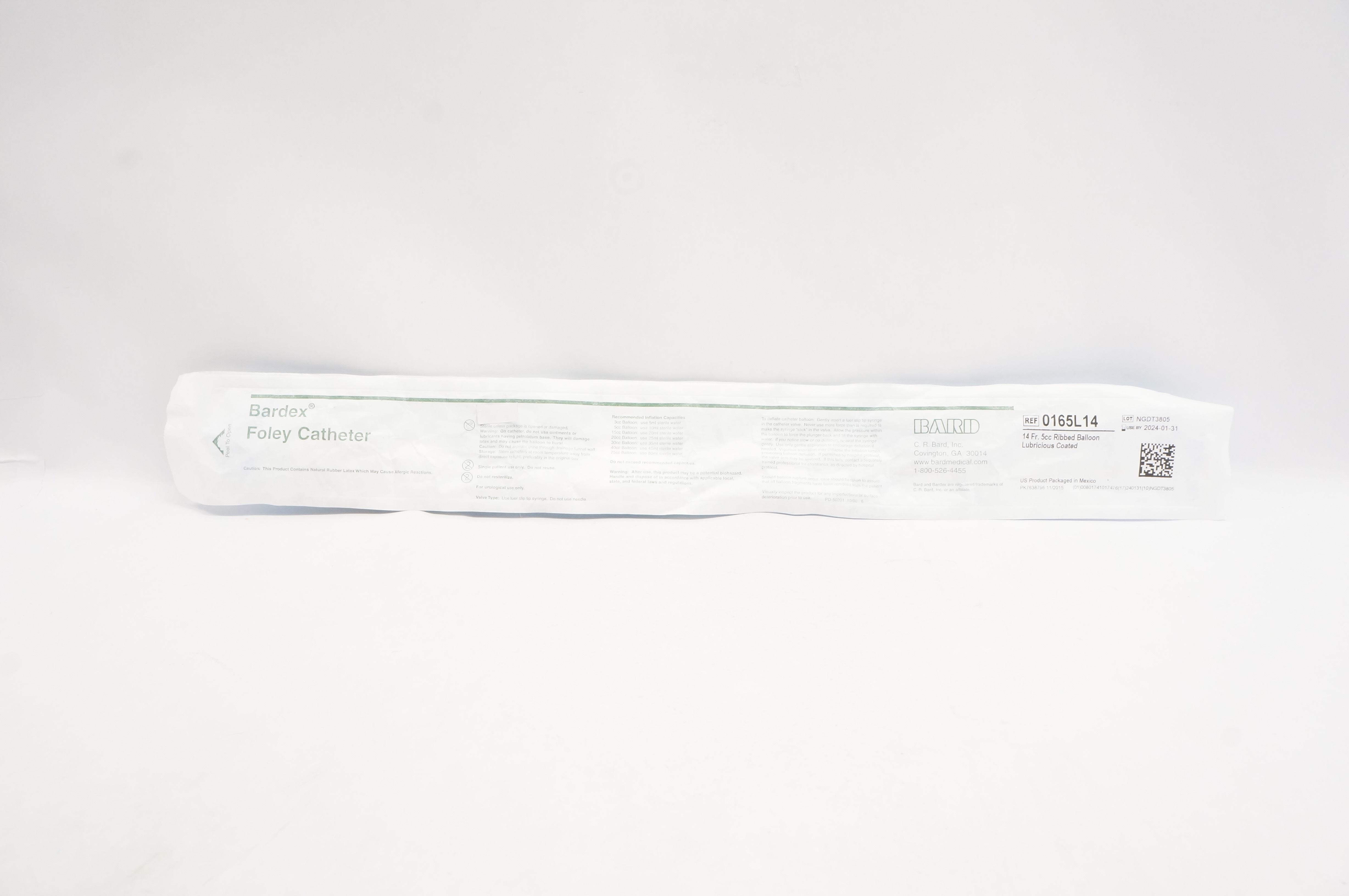 Bard 0165L14 Bardex Foley Cath. 14Fr 5cc Ribbed Balloon Lubricious Coated