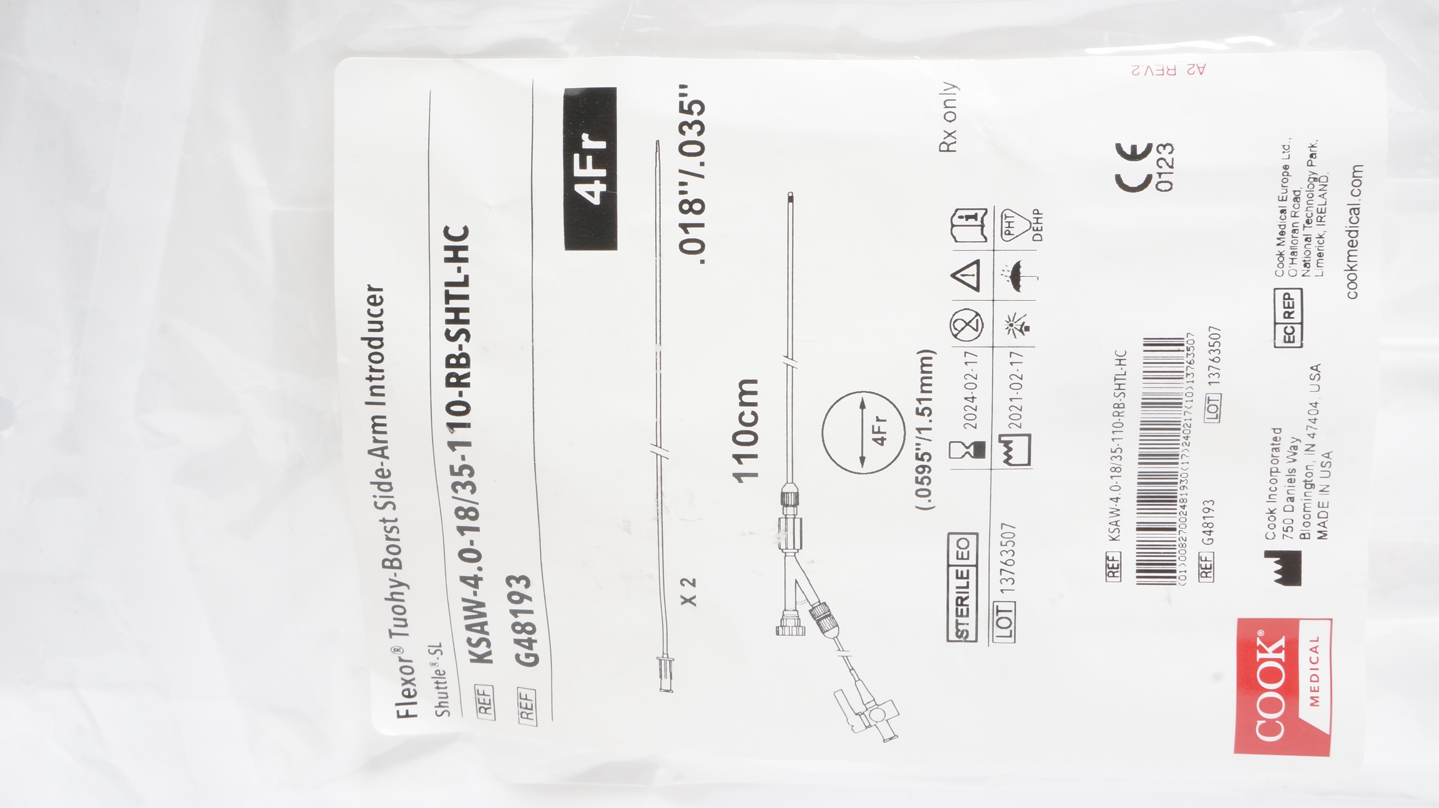 Cook Medical G48193 Flexor Tuohy-Borst Side-Arm Introducer 4Fr x 110cm(x)
