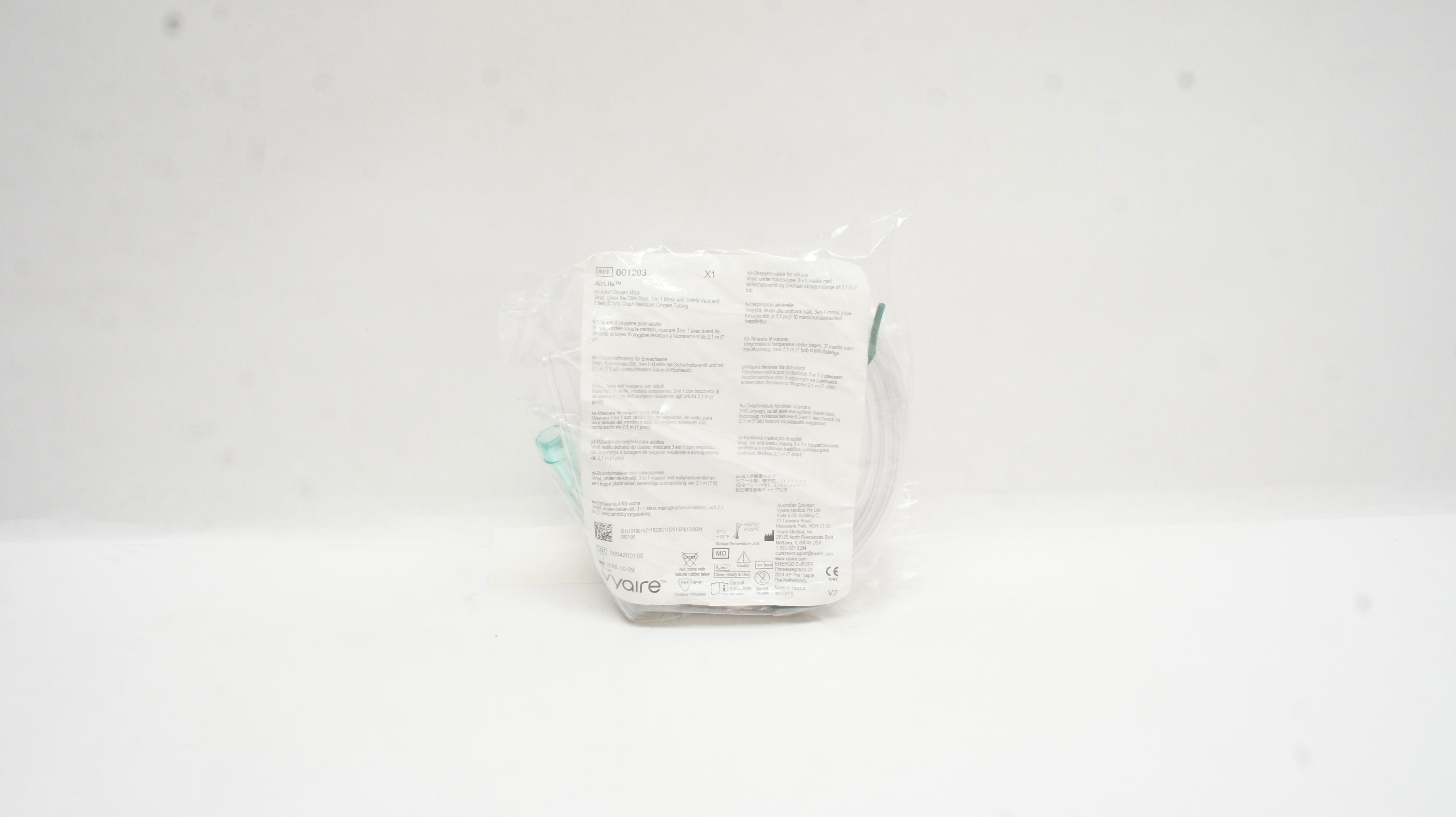 Vyaire 001203 AirLife Adult Oxygen Mask Vinyl w/Resistant Oxygen Tubing 7ft.
