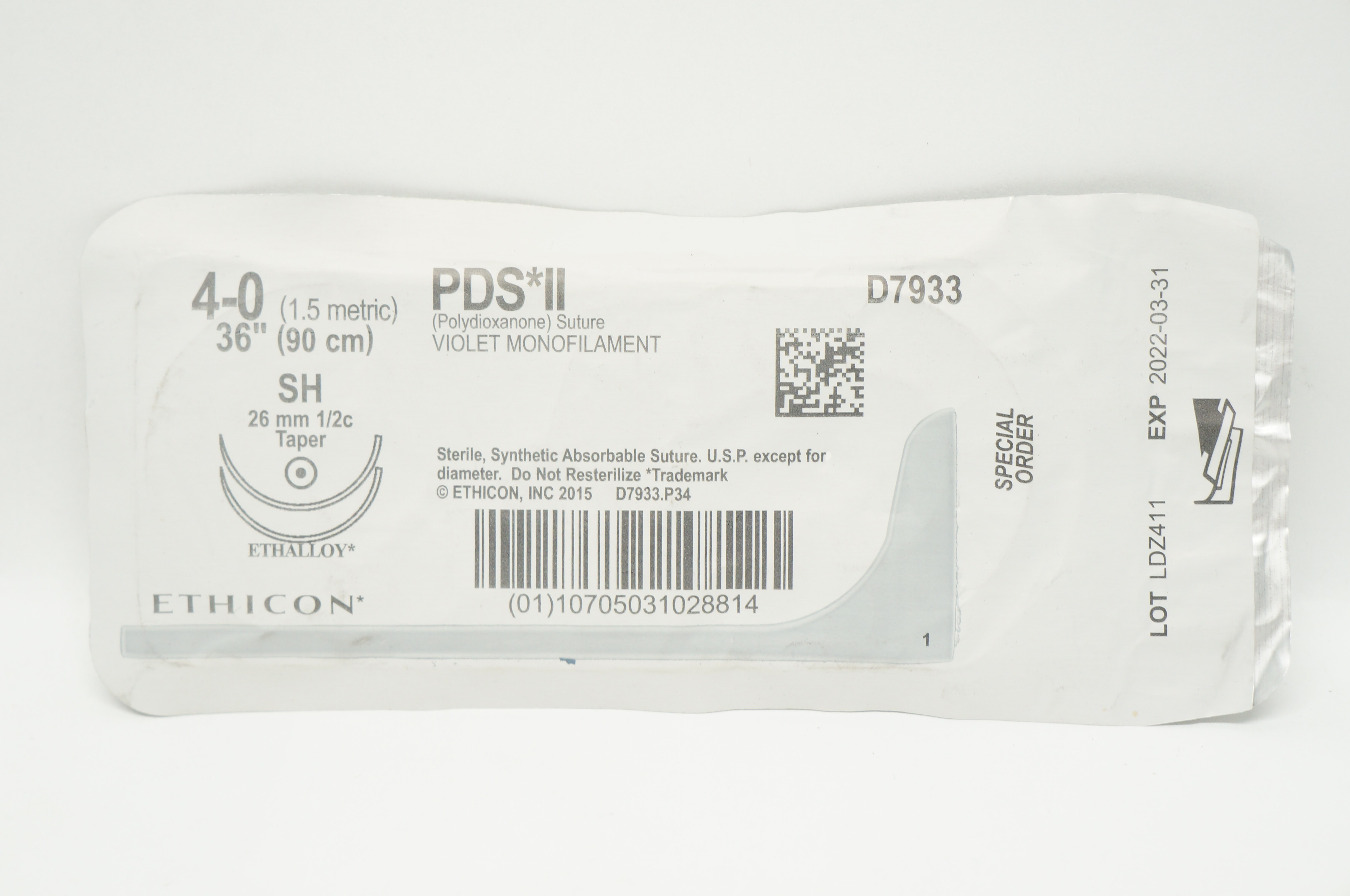 Ethicon D7933 4-0 PDS II Polydioxanone Stre SH 26mm 1/2c Taper 36inch (x)