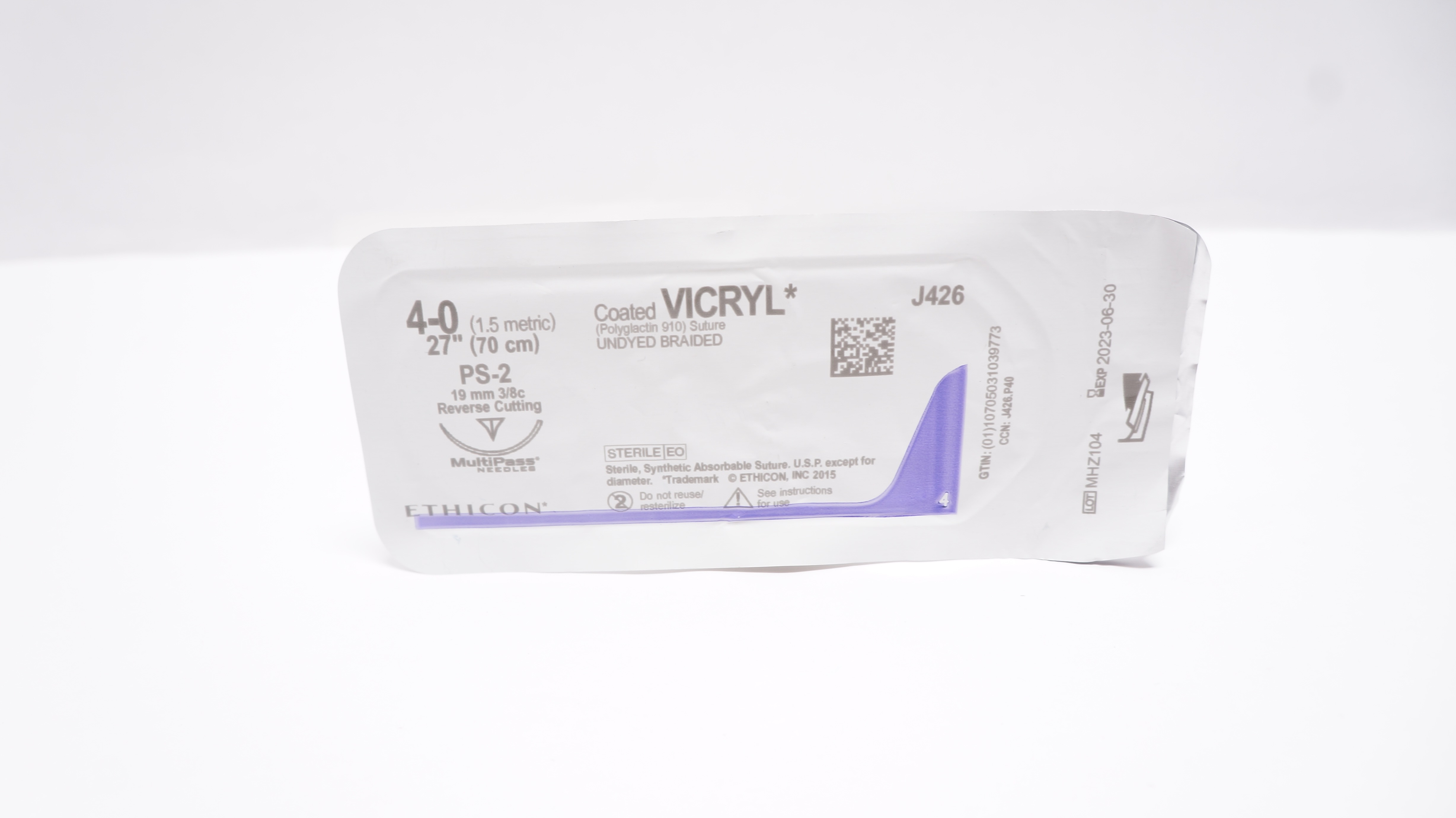 Ethicon J426 4-0 Coated VICRYL, PS-2, 19mm 3/8c Reverse Cutting, 27inch (x)