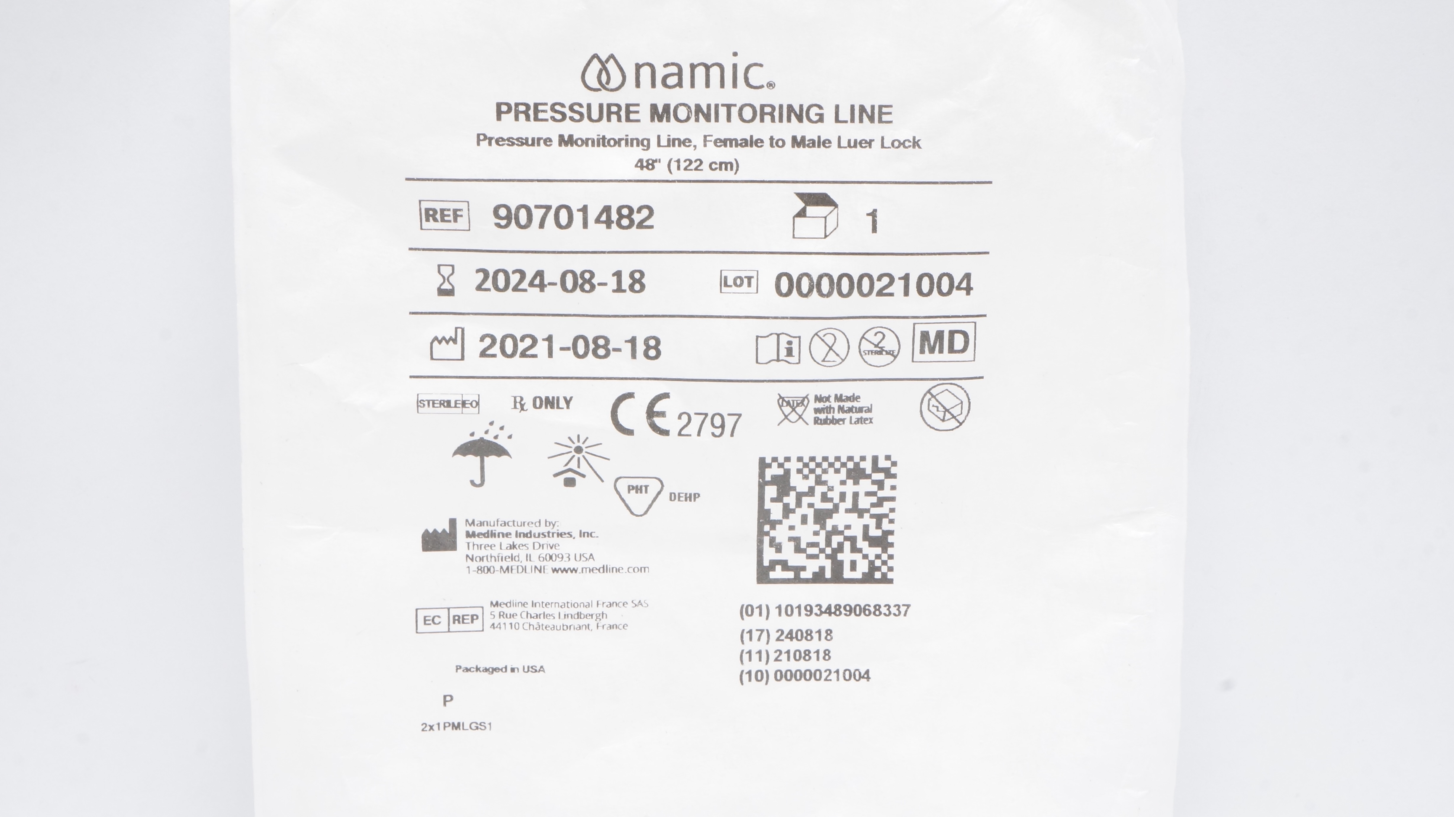 Medline 90701482 Namic Pressure Monitoring Line Female/Male Luer Lock 48inch(x)