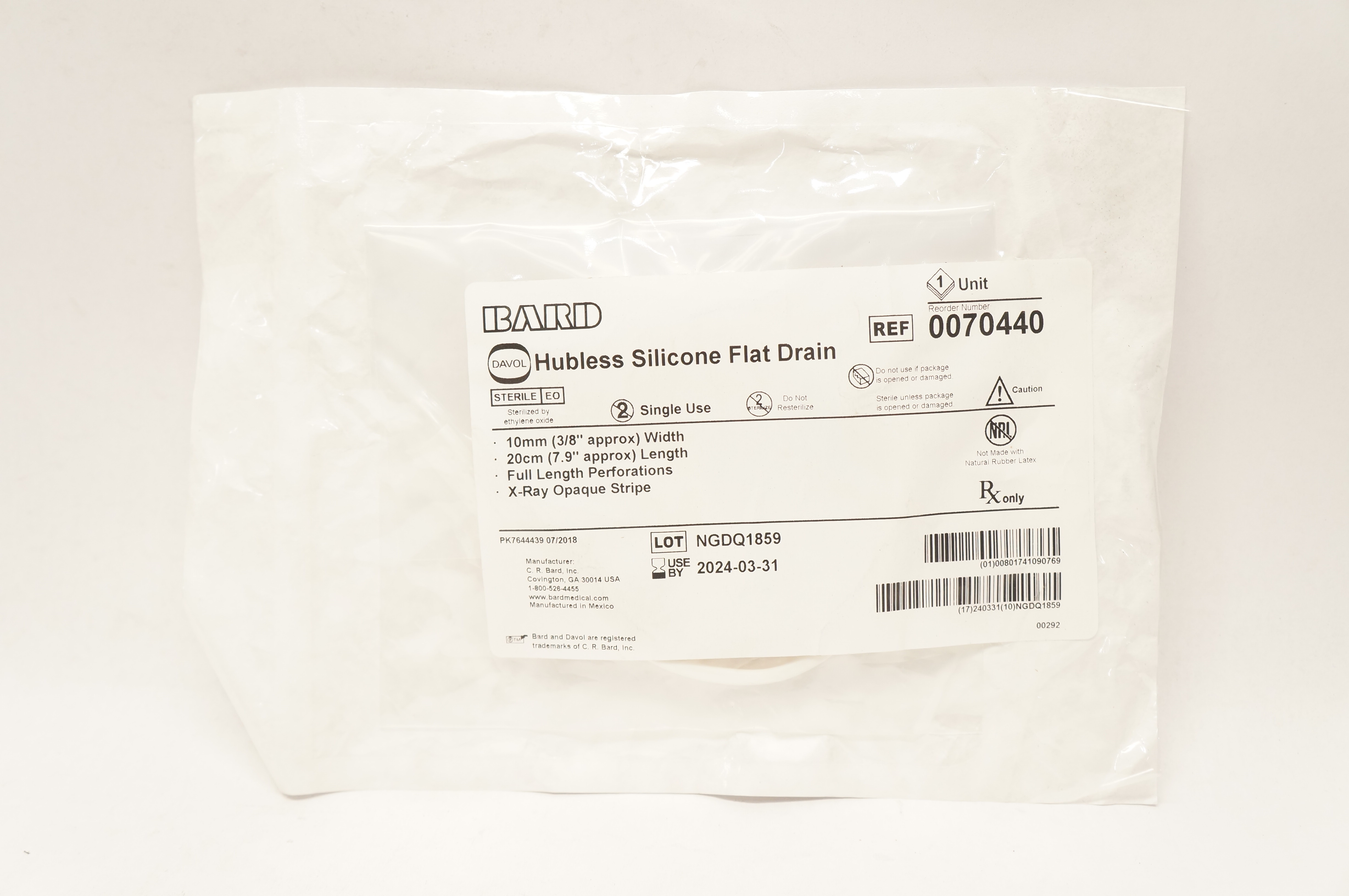 Bard 0070440 Davol Hubless Silicone Flat Drain 3/8 inch x 7.9 inch (Approx.)