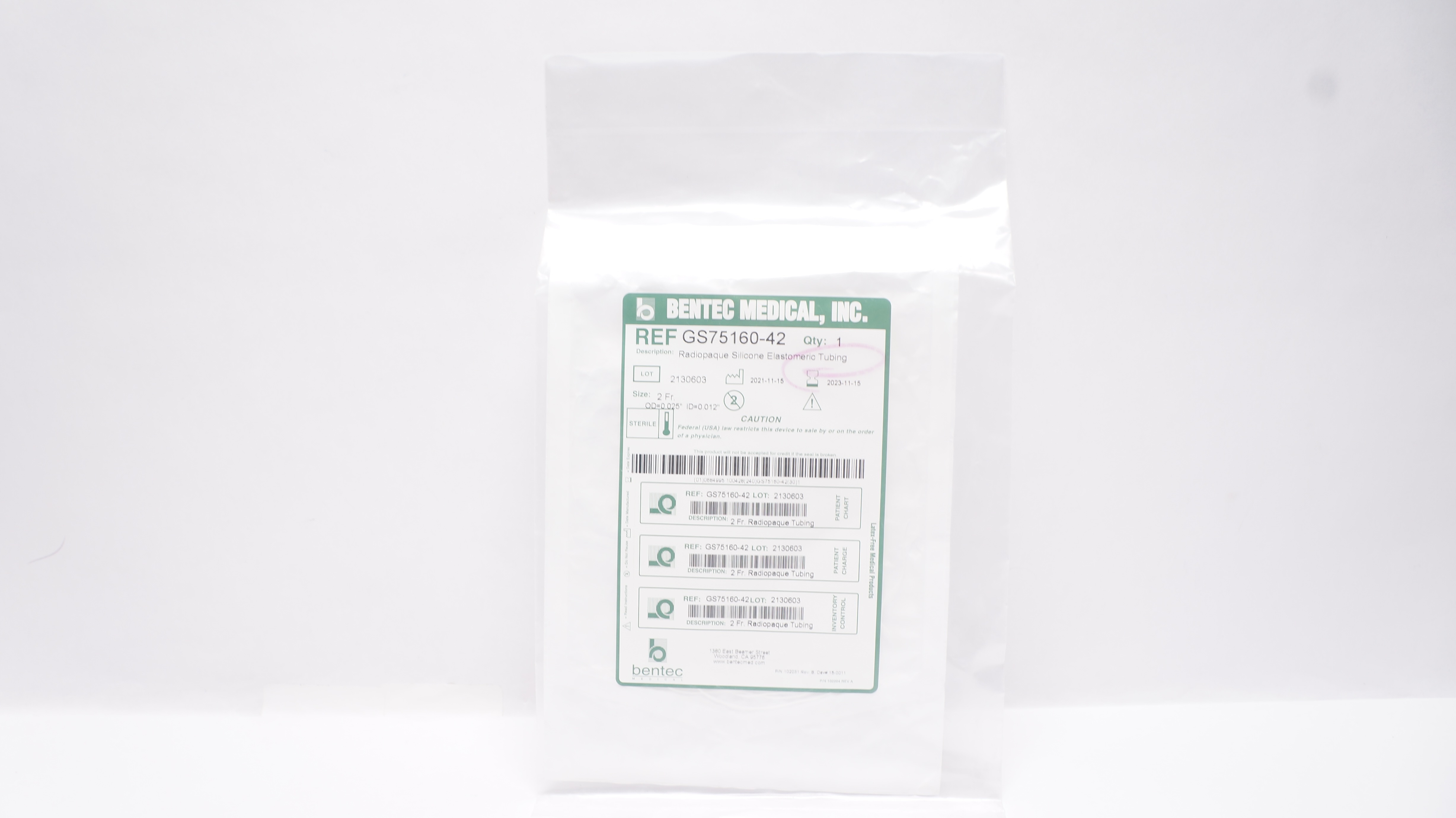 Bentec GS75160-42 Radiopaque Silicone Elastomeric Tubing 2Fr x 0.025 x0.012in(x)