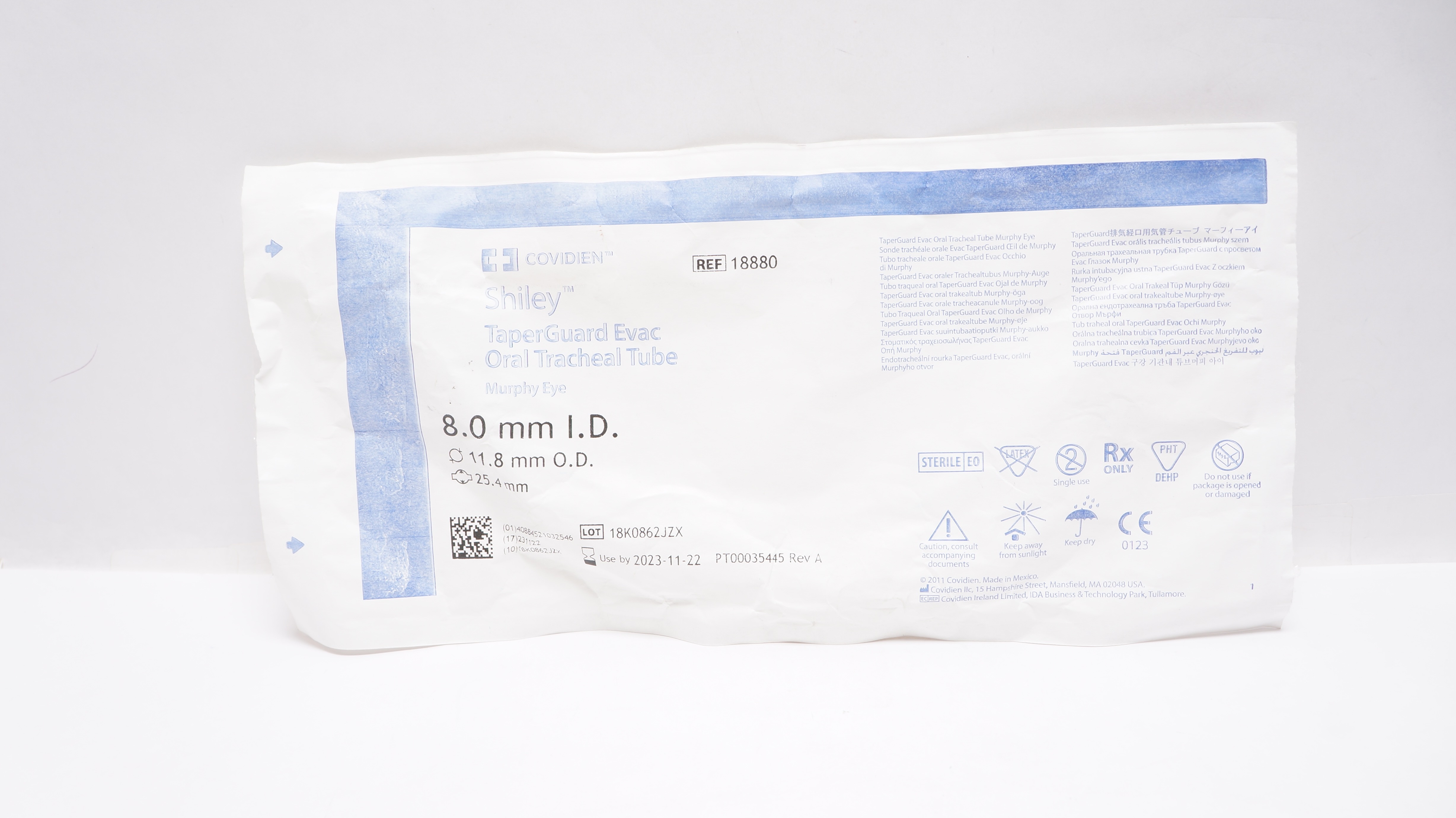 Covidien 18880 Shiley TaperGuard Evac Oral Tracheal Tube 8.0mm ID x 11.8mm OD(x)