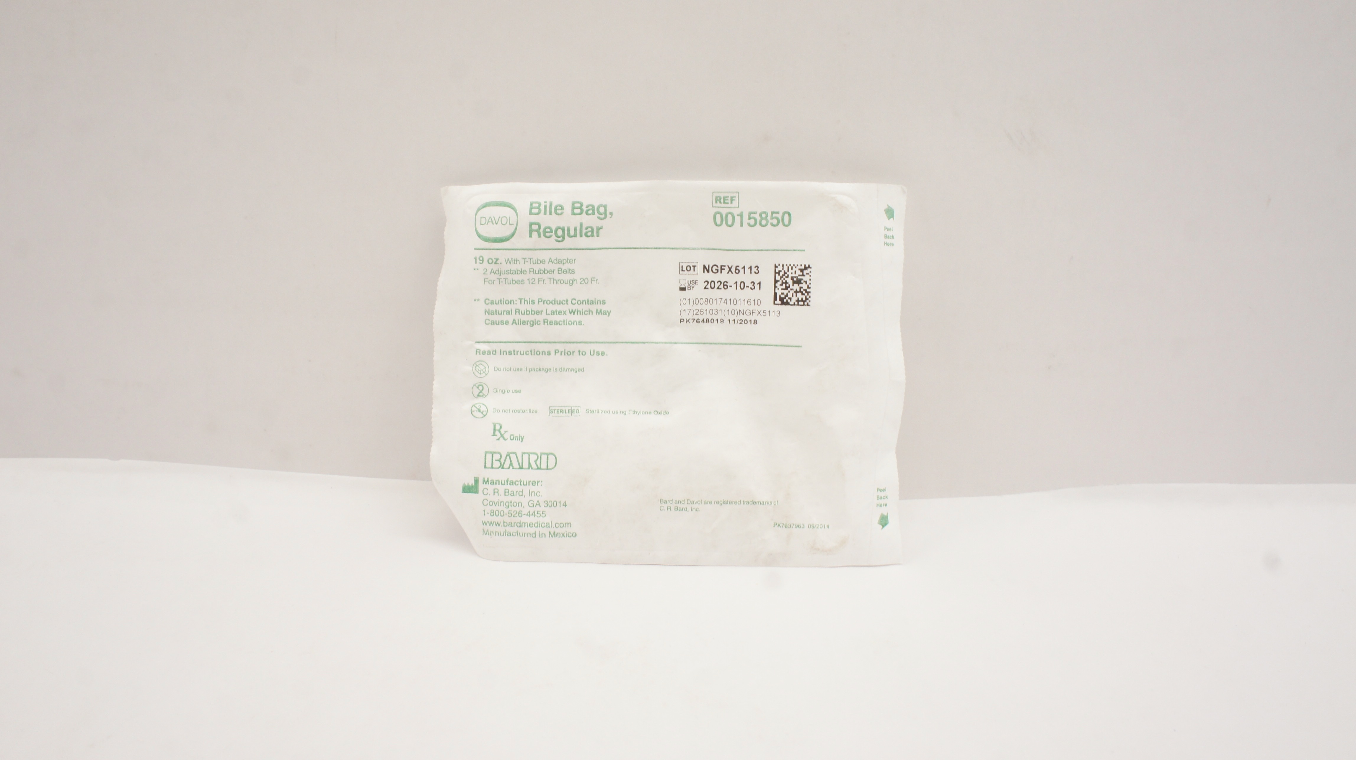 Bard 0015850 Davol Bile Bag Regular 19oz with T-Tube Adapter
