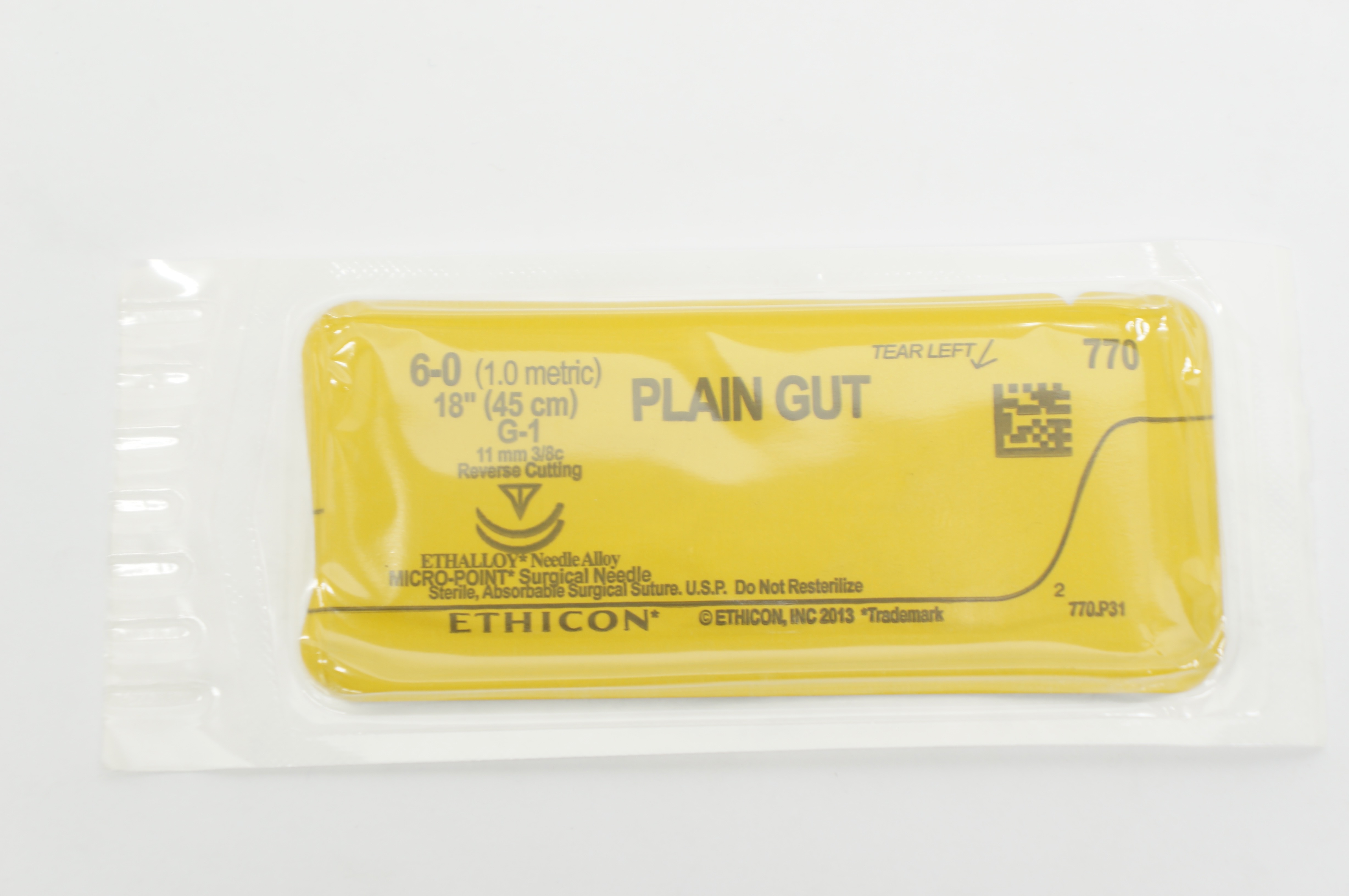 Ethicon 770 6-0 Plain Gut, G-1, 11mm 3/8c Reverse Cutting, 18 inch
