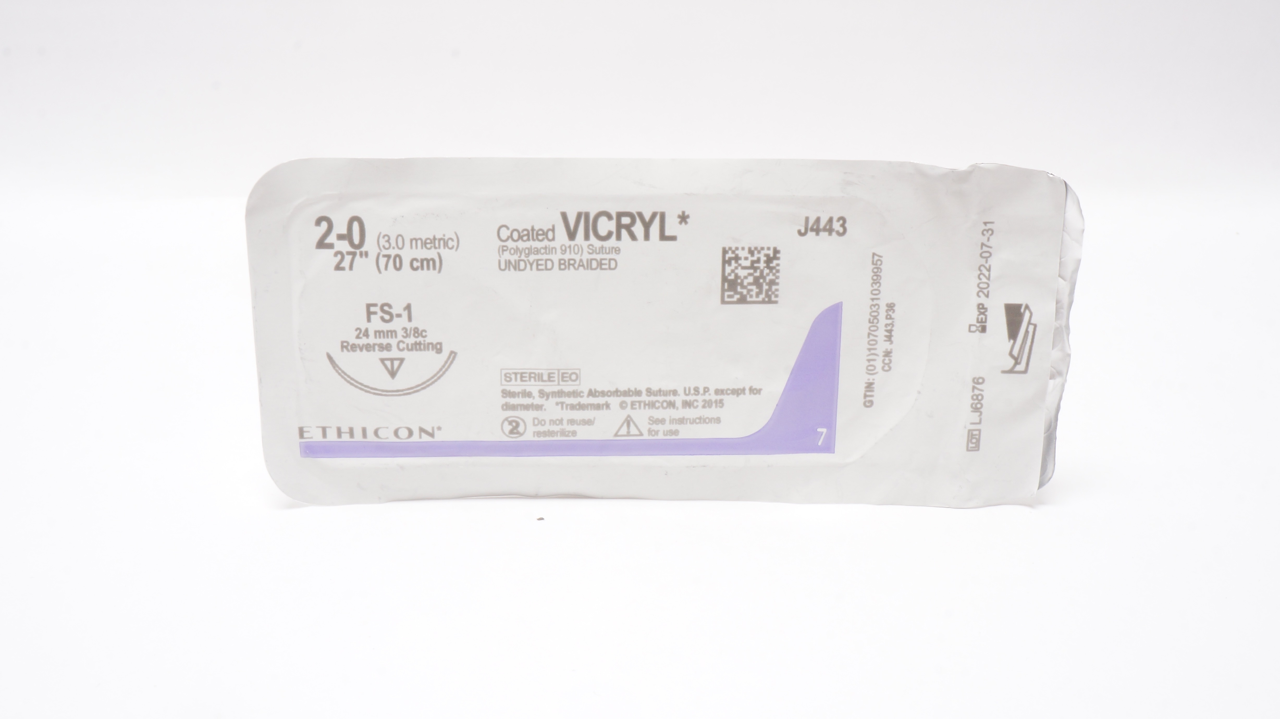 Ethicon J443 2-0 VICRYL Braided Stre FS-1 24mm 3/8c Reverse Cutting 27inch (x)