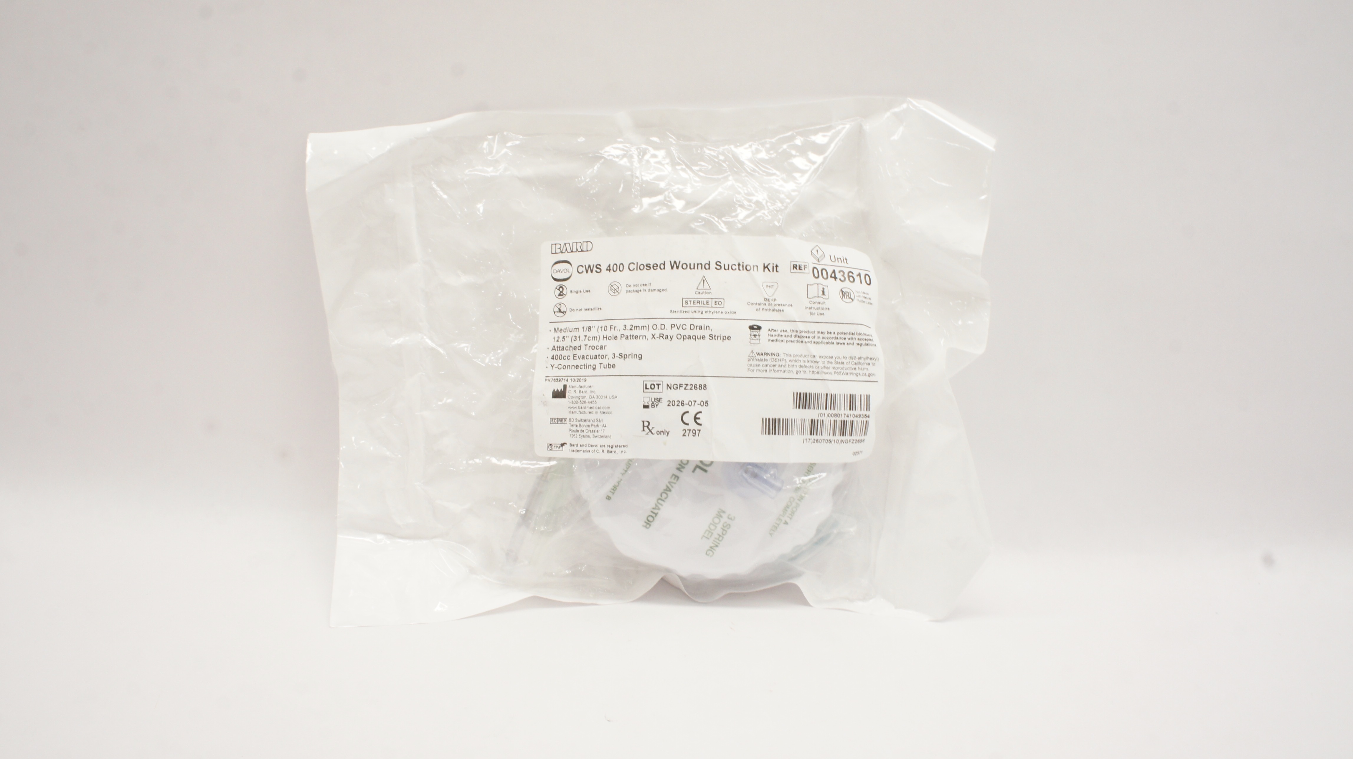 Bard 0043610 Davol CWS 400 Closed Wound Suction Kit