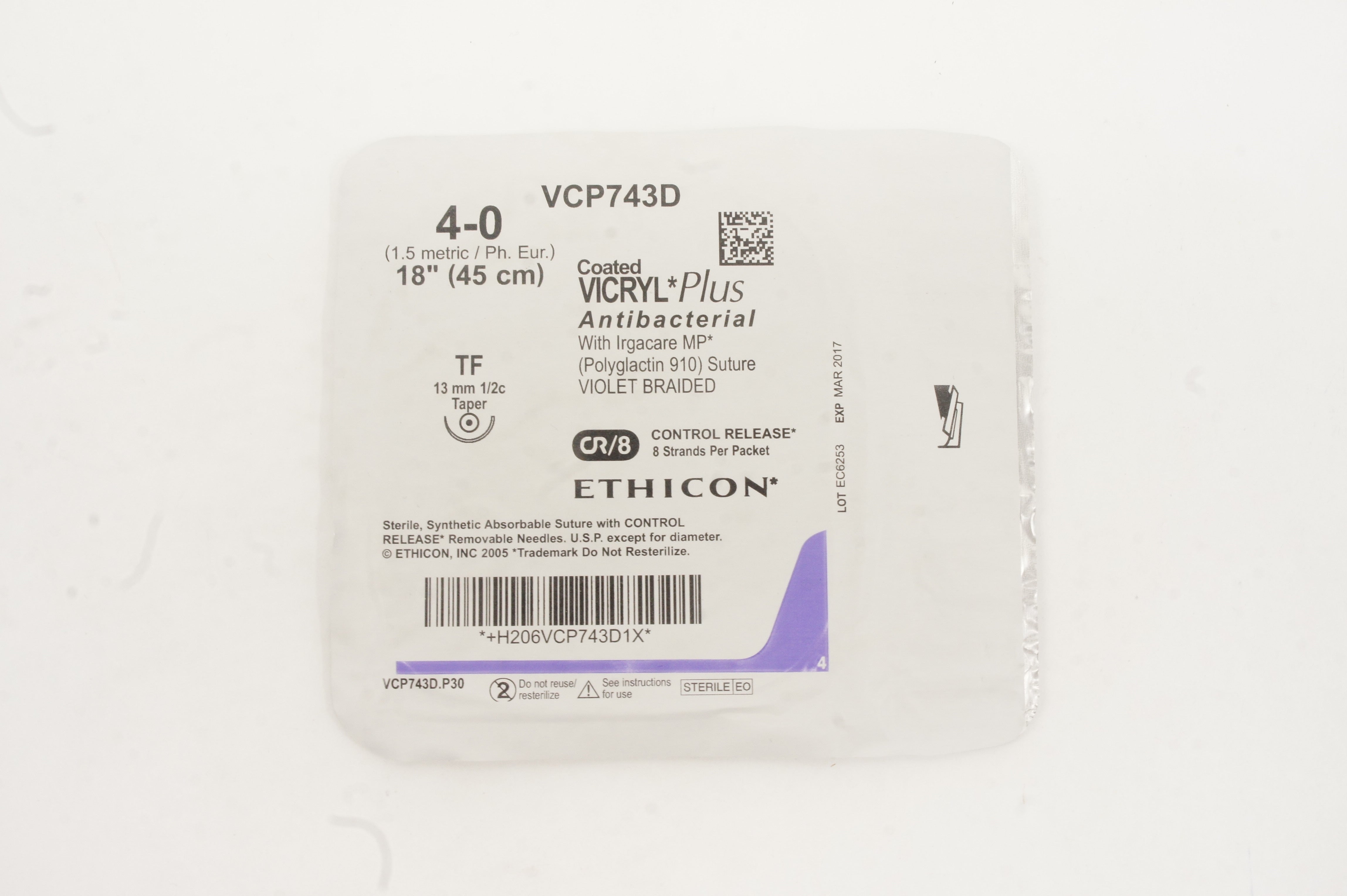 Ethicon VCP743D 4-0 VICRYL Plus TF 13mm 1/2c Taper, 18inch (x)