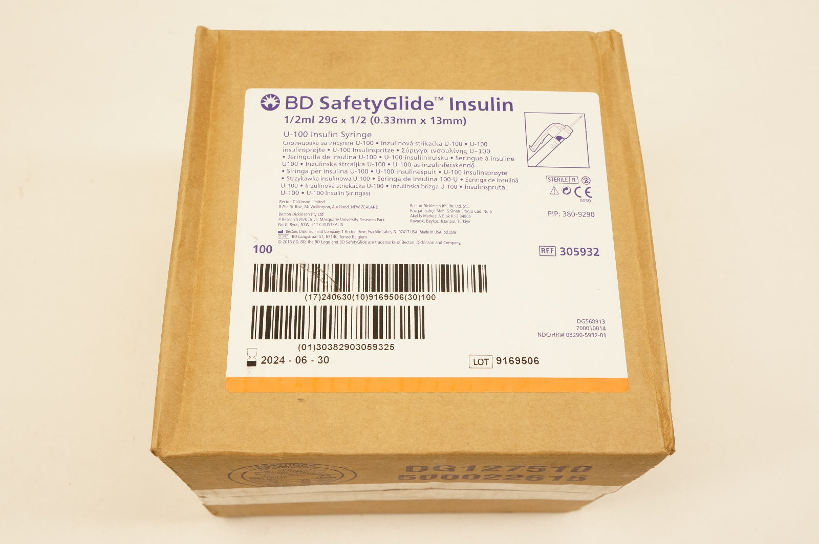 BD 305932 Safety Glide Insulin 1/2ml, 29G x 1/2inch - Box of 100