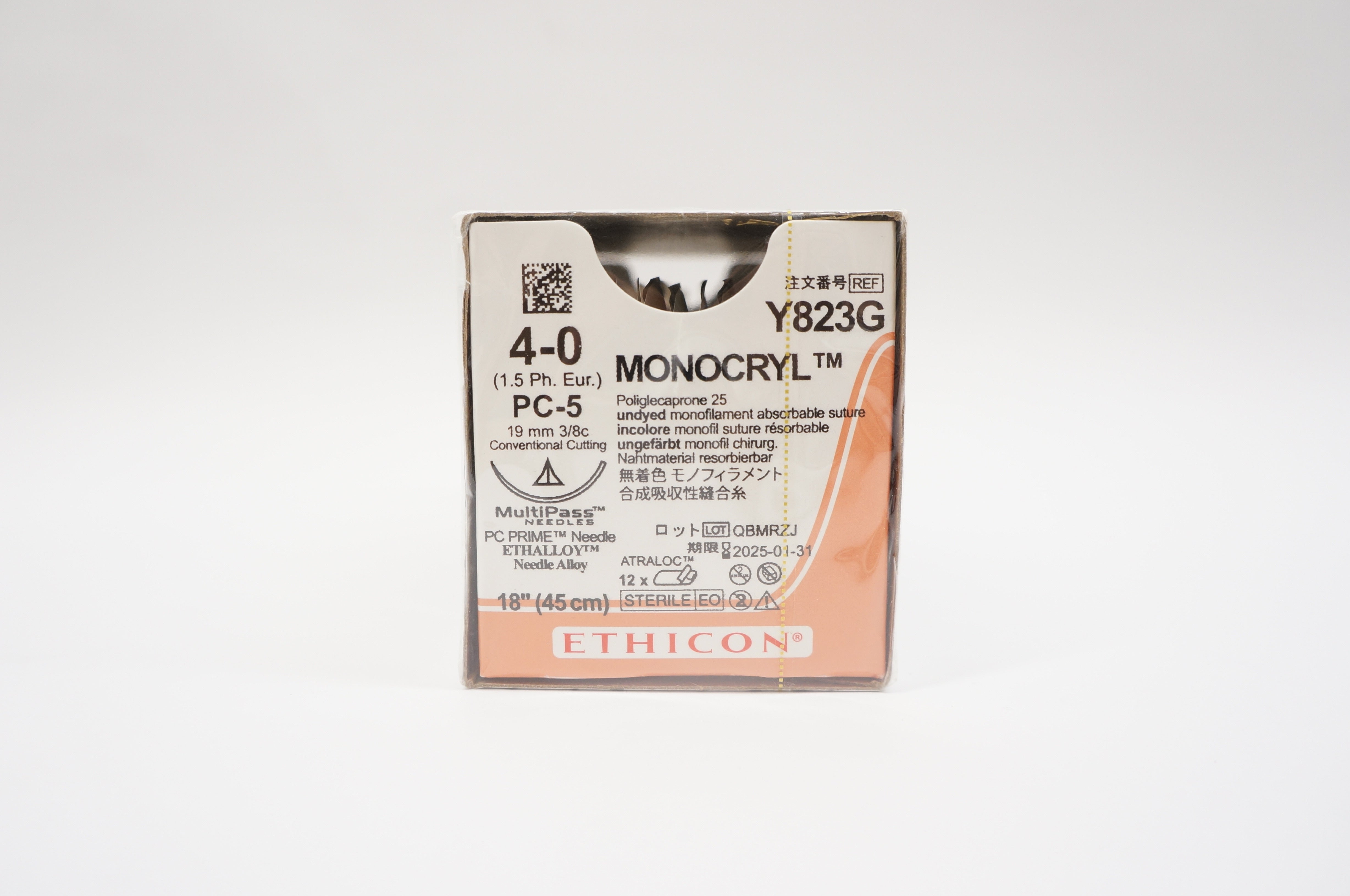 Ethicon Y823G Monocryl Poliglecaprone 25 Absorbable Suture, 4-0, PC-5 -Box of 12