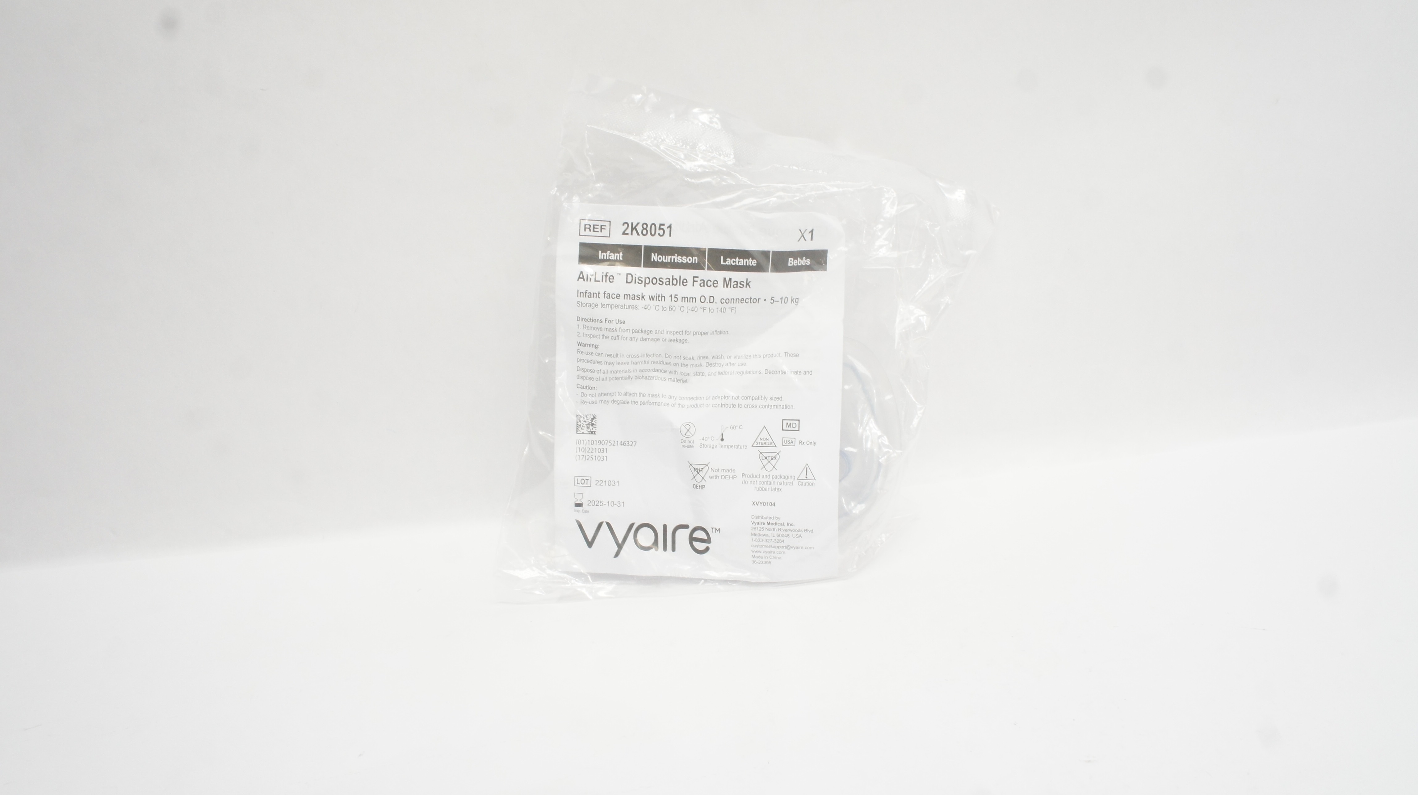 Vyaire 2K8051 AirLife Disposable Infant Face Mask w/15mm O.D. Connector 5-10kg