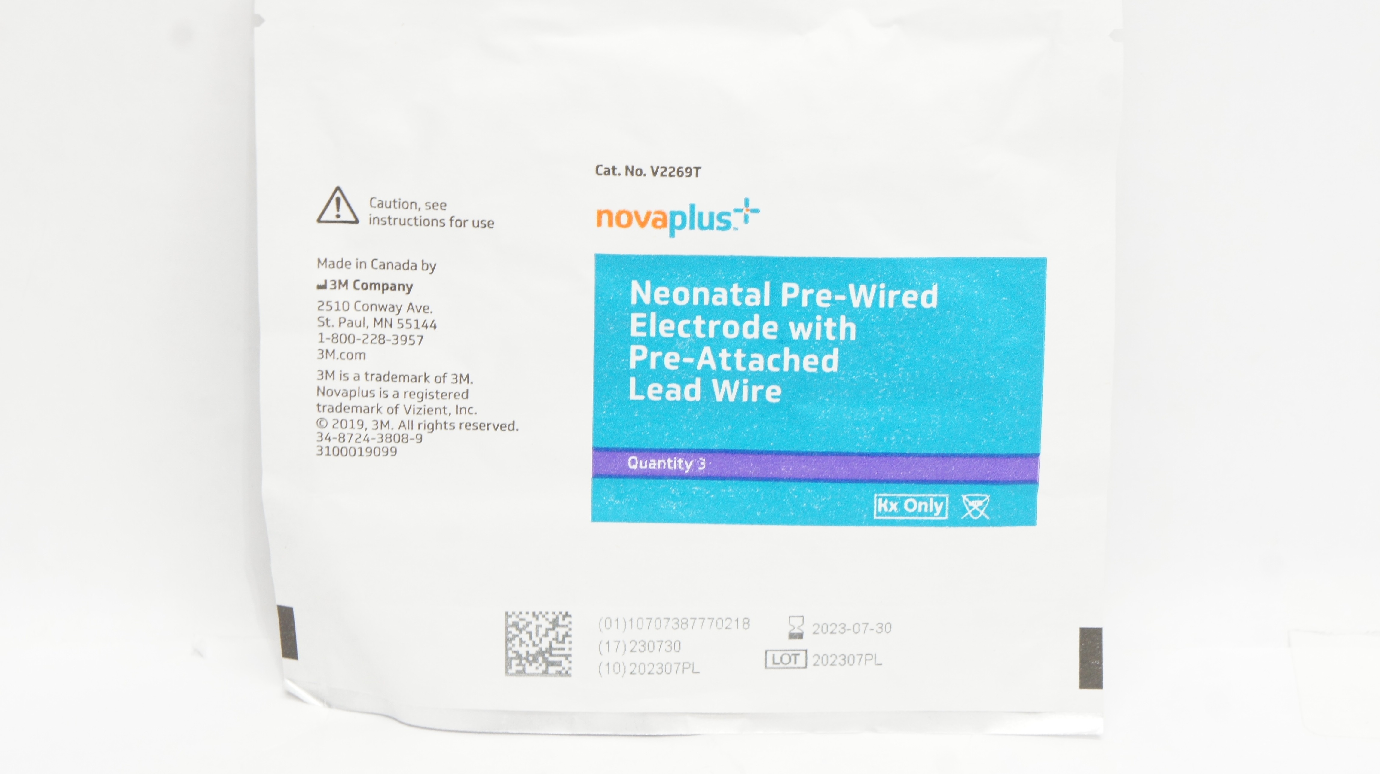 3M V2269T Novaplus Neonatal Pre-Wired Electrode w/Lead Wire (x) - Pack of 3