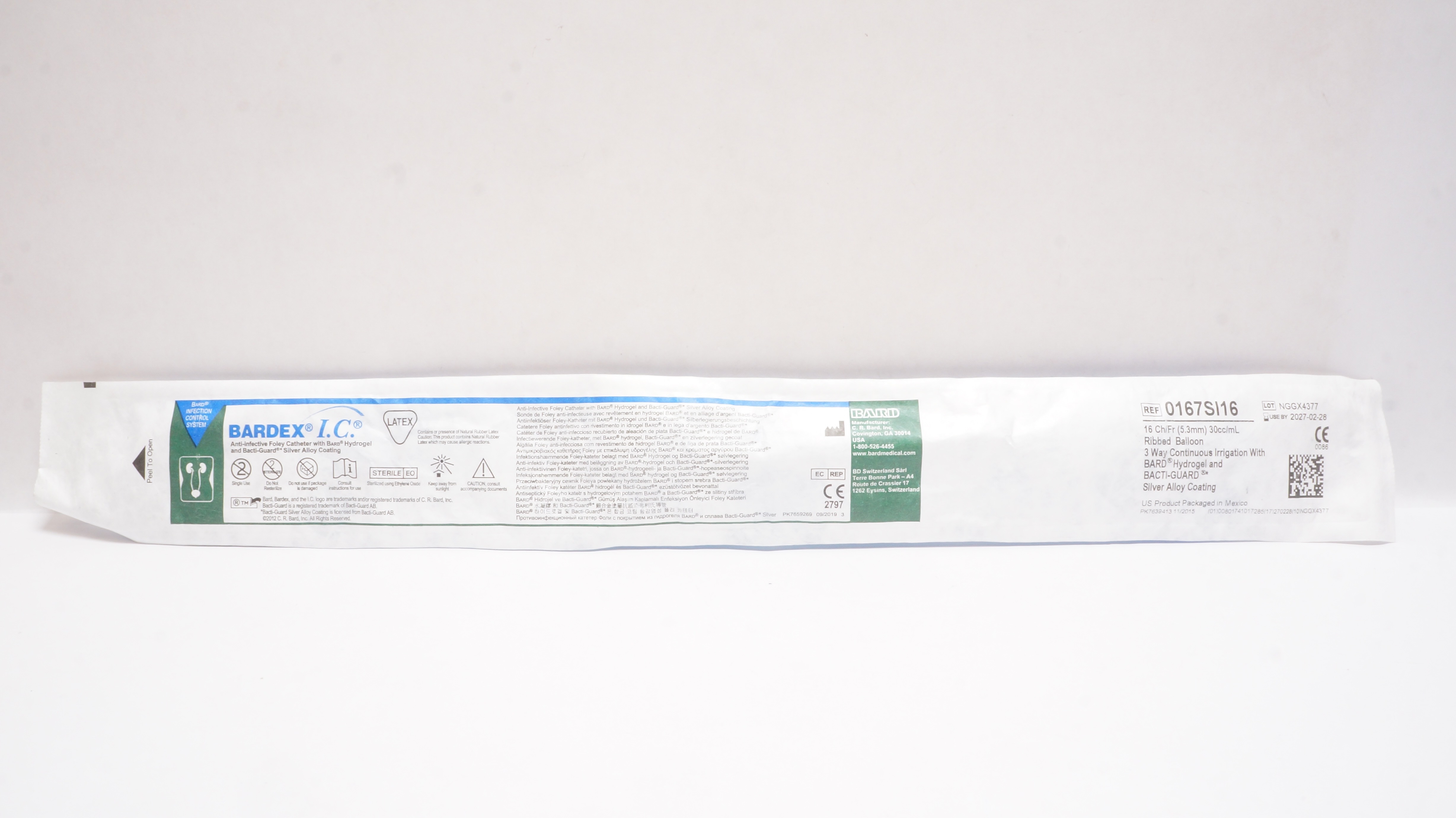 Bard 0167SI16 Bardex IC Anti-Infective Foley Cath.16Ch/Fr 30cc/mL Ribbed Balloon