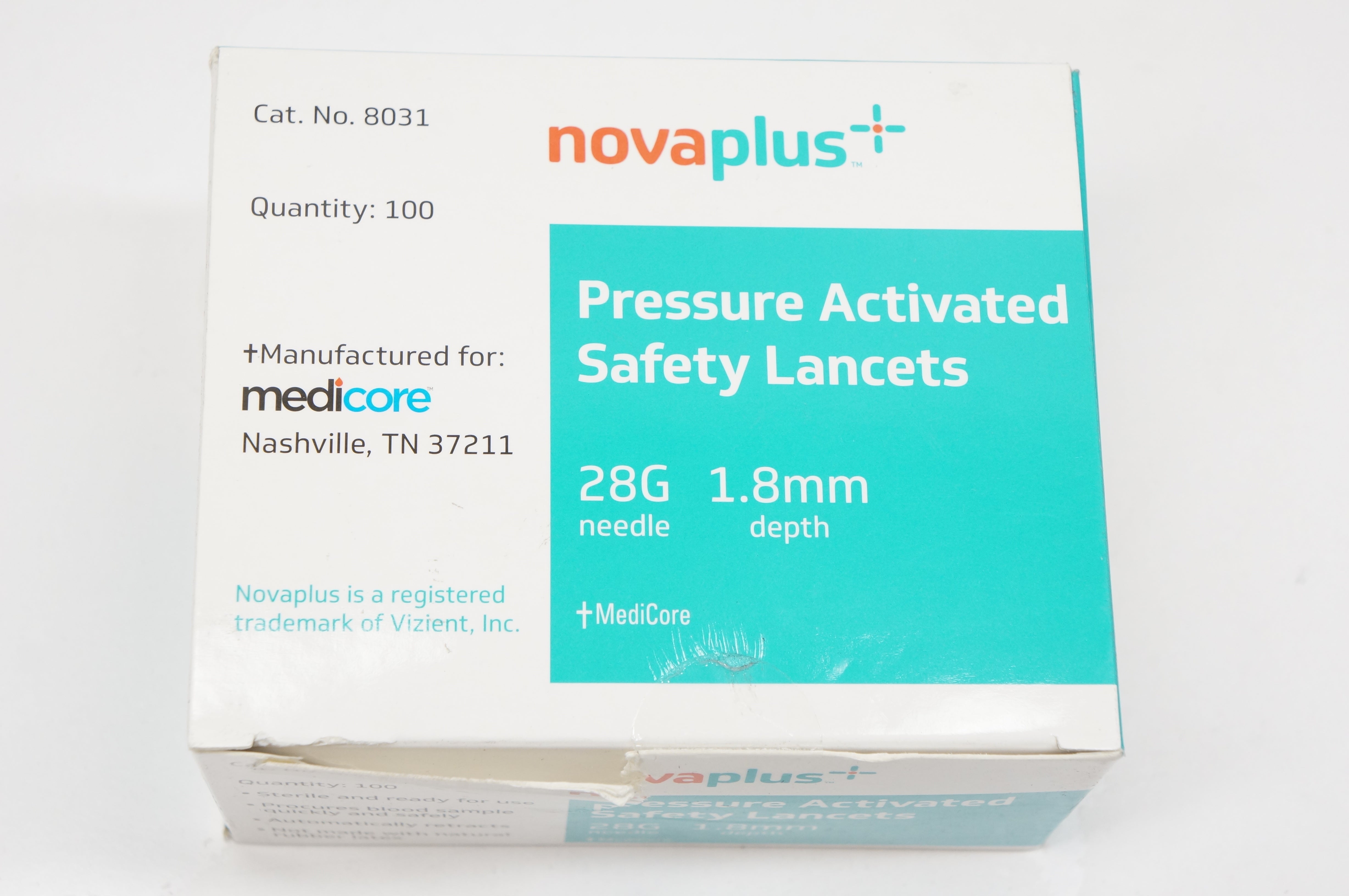 Medicore 8031 NovaPlus Pressure Activated Safety Lancets 28G x 1.8mm