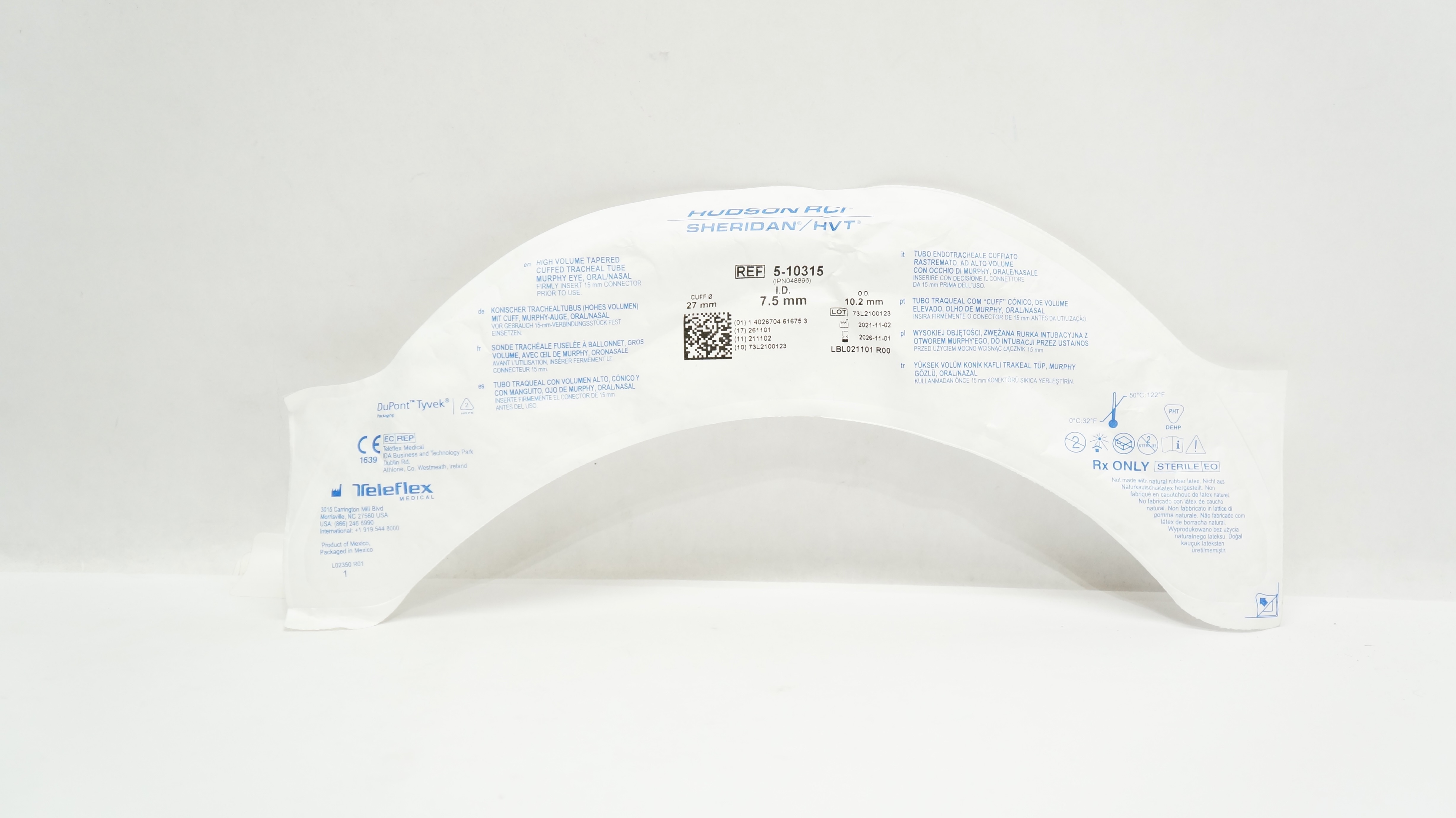 Teleflex 5-10315 Hudson RCI Tapered Cuffed Tracheal Tube 7.5 ID x 10.2 OD x 27mm