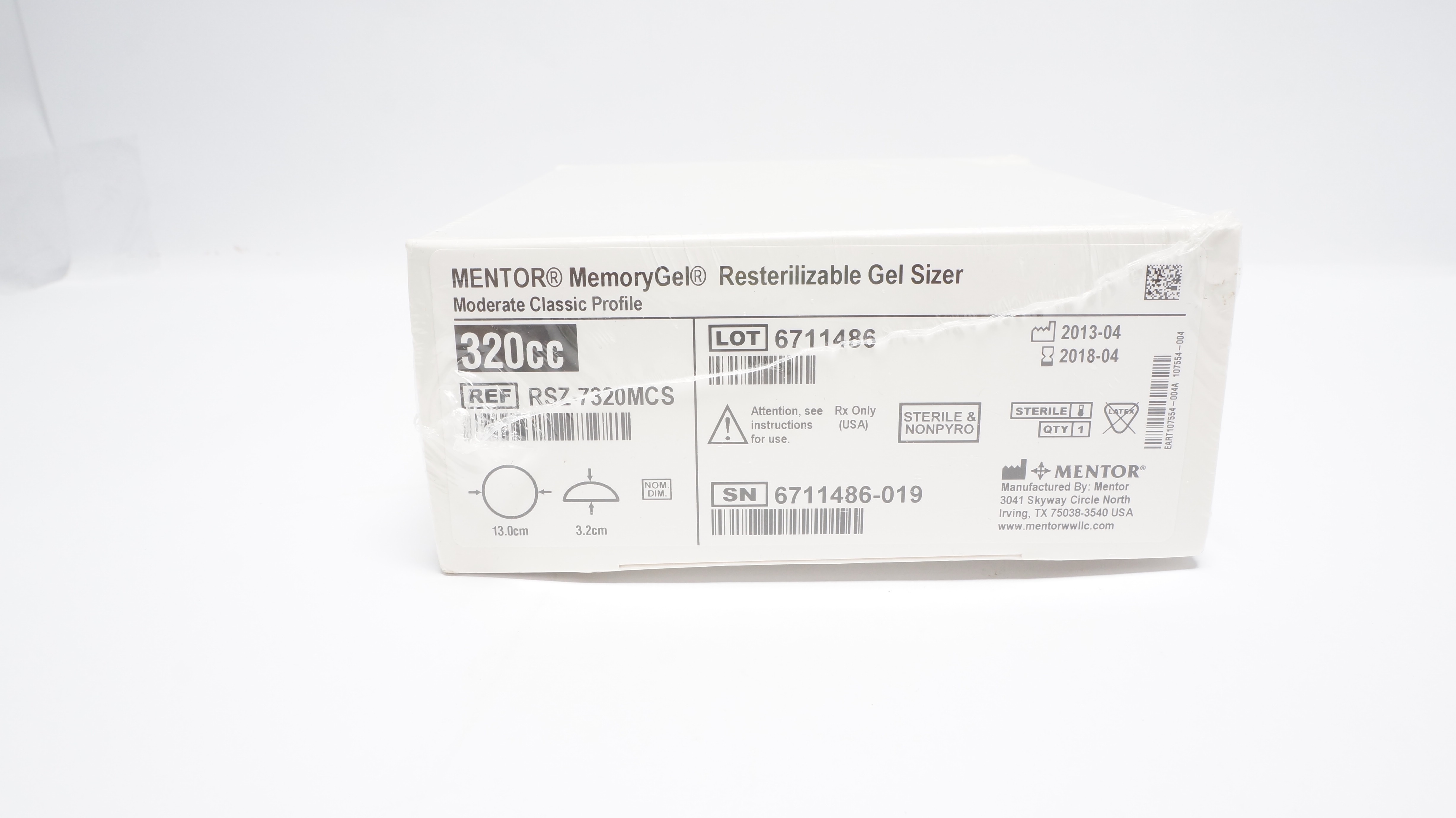 MENTOR RSZ-7320MCS MemoryGel Resterilizable Gel Sizer, 320cc, 13.0cm x 3.2cm (x)