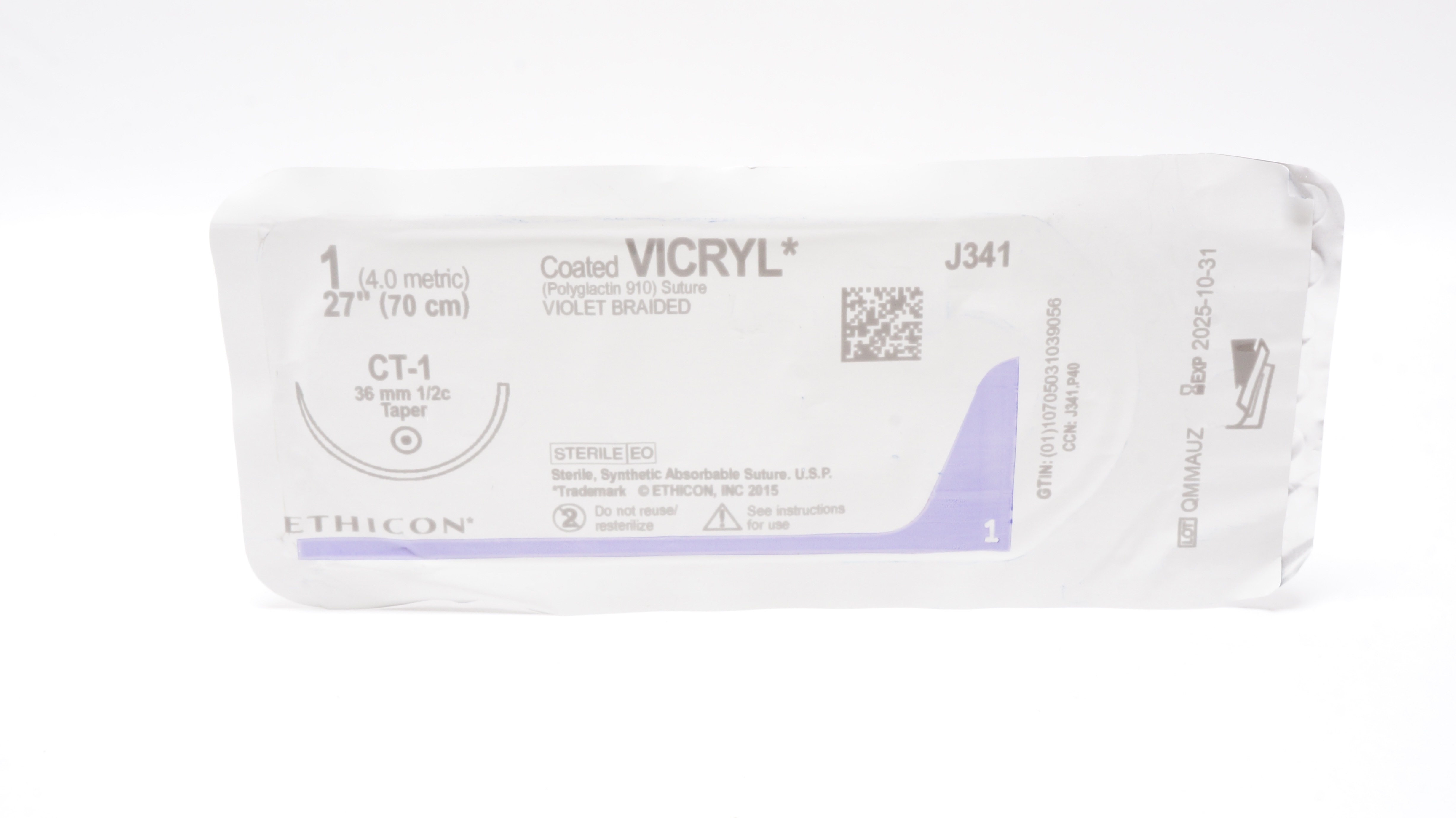 Ethicon J341 Coated VICRYL Polyglactin Stre CT-1 36mm 1/2c Taper, 27inch