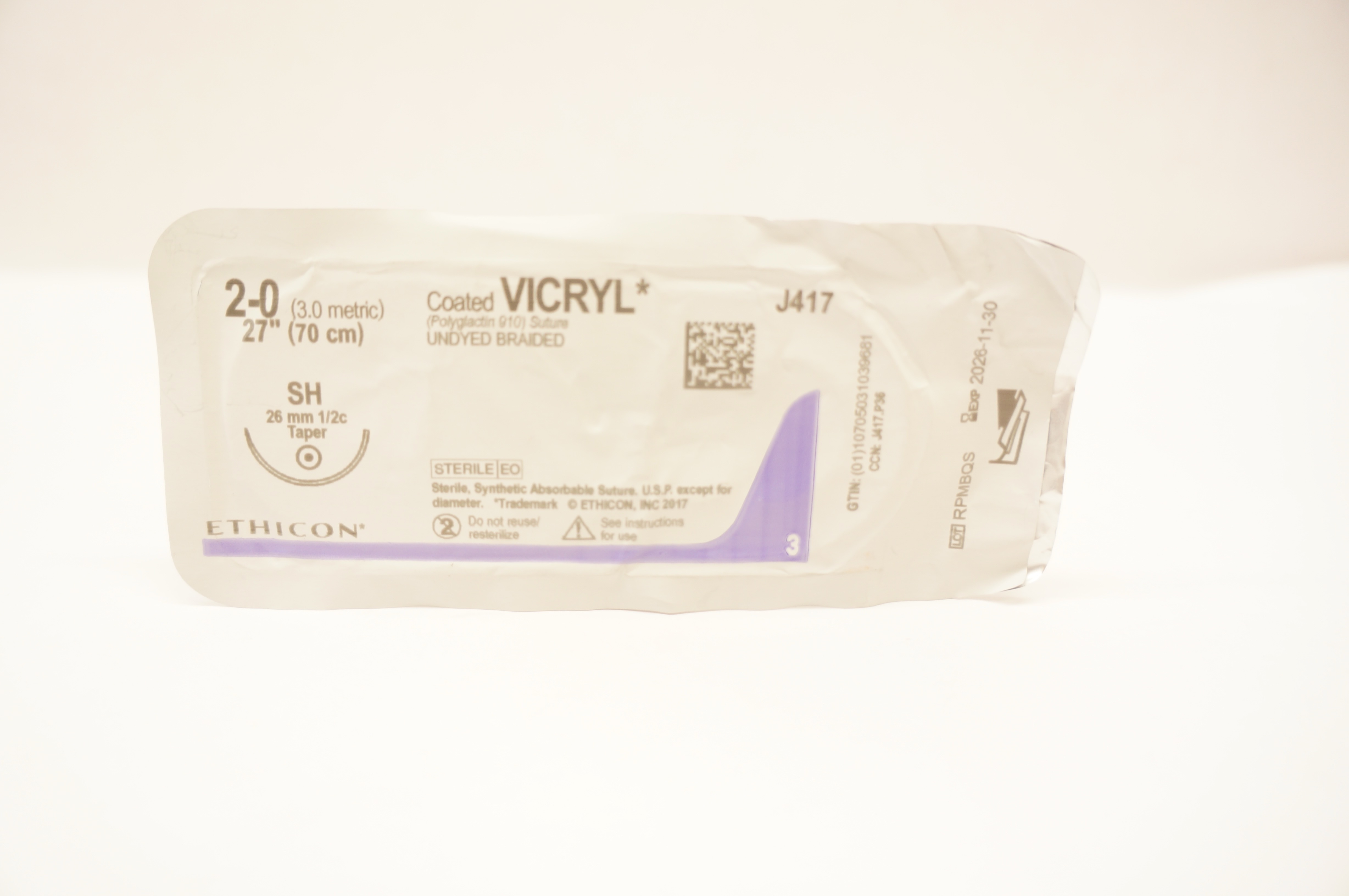 Ethicon J417 2-0 Coated VICRYL SH 26mm 1/2c Taper 27inch
